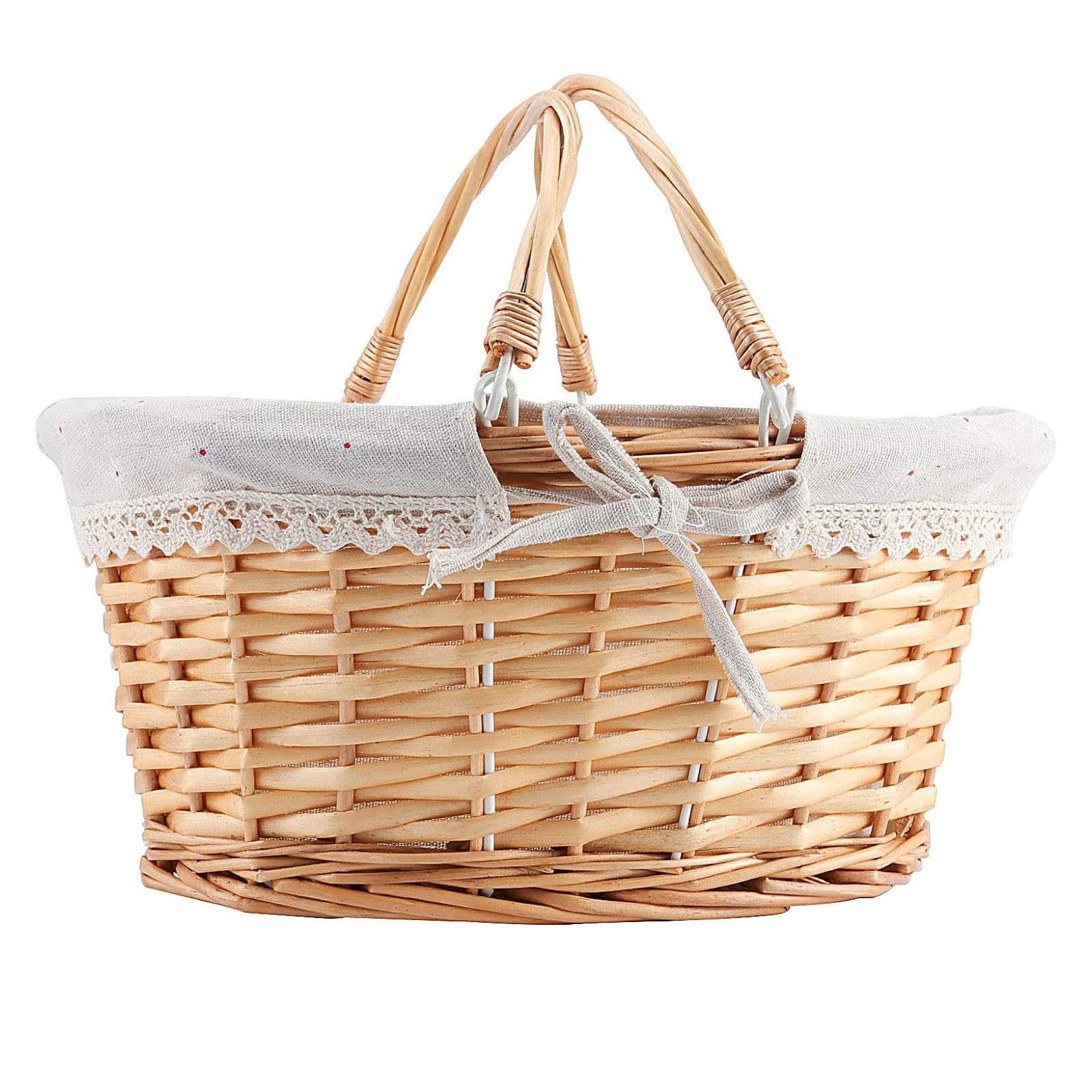 ZOENHOU 2 Cestini in Vimini di Salice Intrecciati a Mano, Cesto Picnic con Manico Pieghevole e Fodera in Lino, 33x23x12 cm, Marrone Chiaro