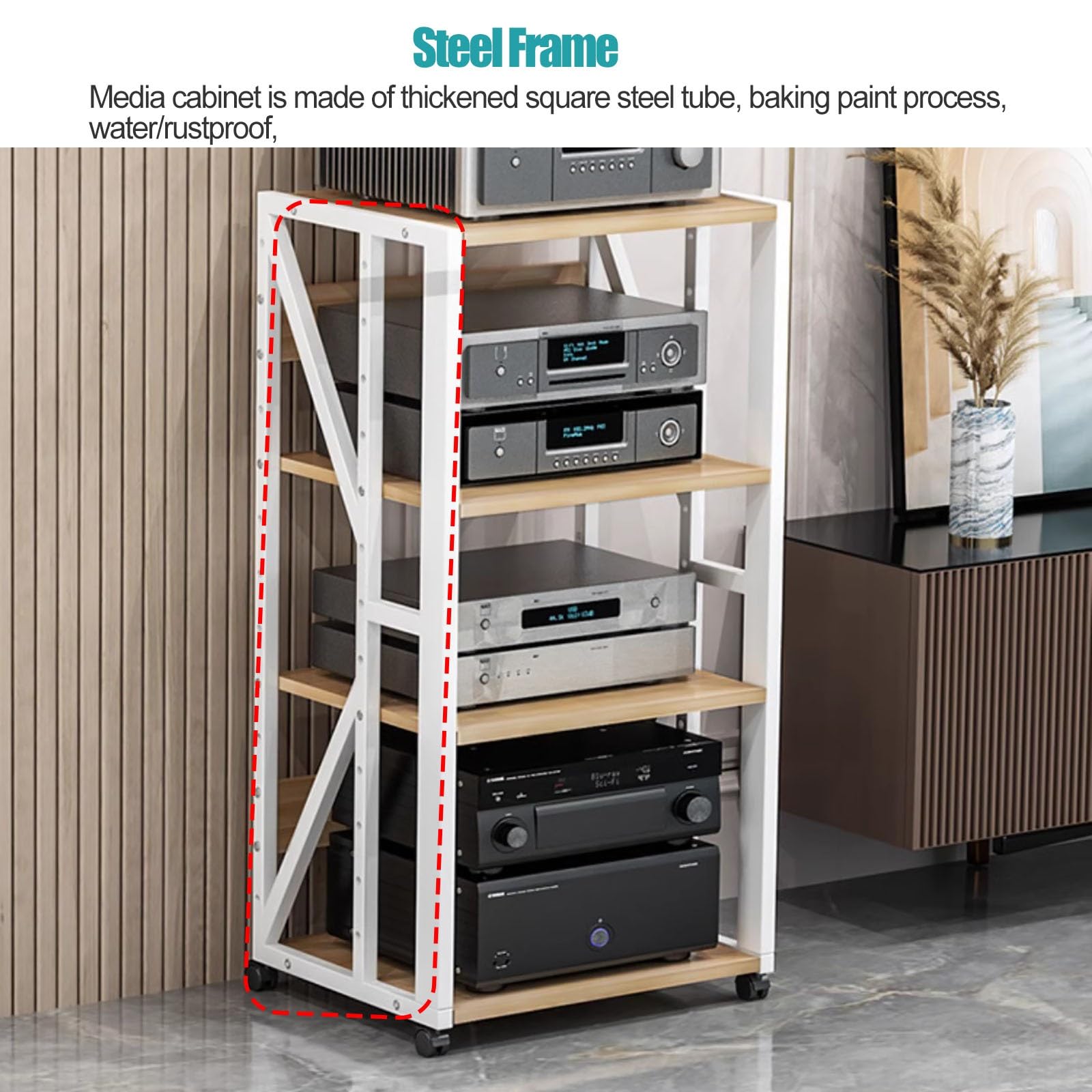 Stojak HiFi, regały i stojaki Hi-Fi, stojaki komponentowe AV, wieża audio i centrum multimedialne, domowy stojak stereo Hi-Fi z kółkami, nowoczesny, ciężki, czarny, półkowy regał