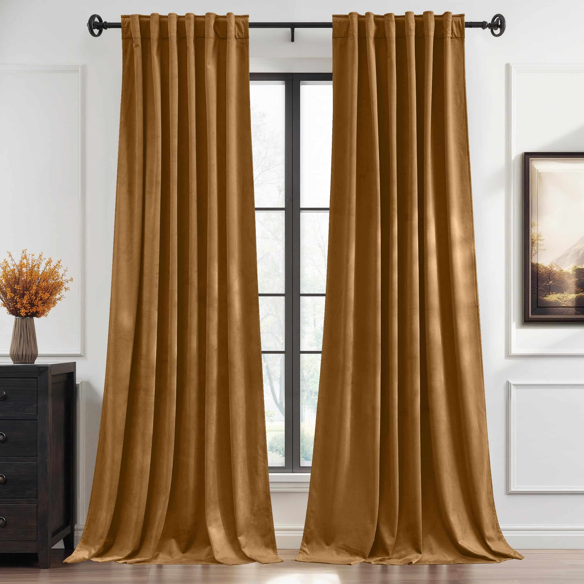 StangH Mustard Gold Velvet Curtains 84 Inches Long, Mid-Century Modern Drapes for Living Room, Bright Yellow Room Darkening Window Treatment, W52 x