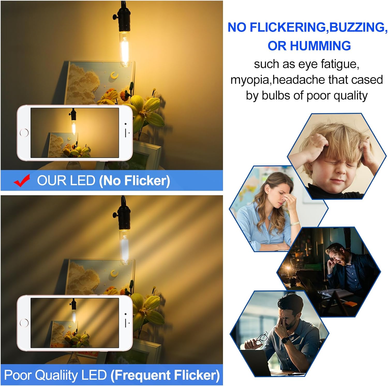 Energetic Dimmable E26 Edison Bulb, AC120V Soft White 2700K Light Bulb, 5W Equal 60W 600LM Tubular T10 LED Light Bulbs for Rustic Pendant, Chandeliers, Wall Sconces,Pack of 6