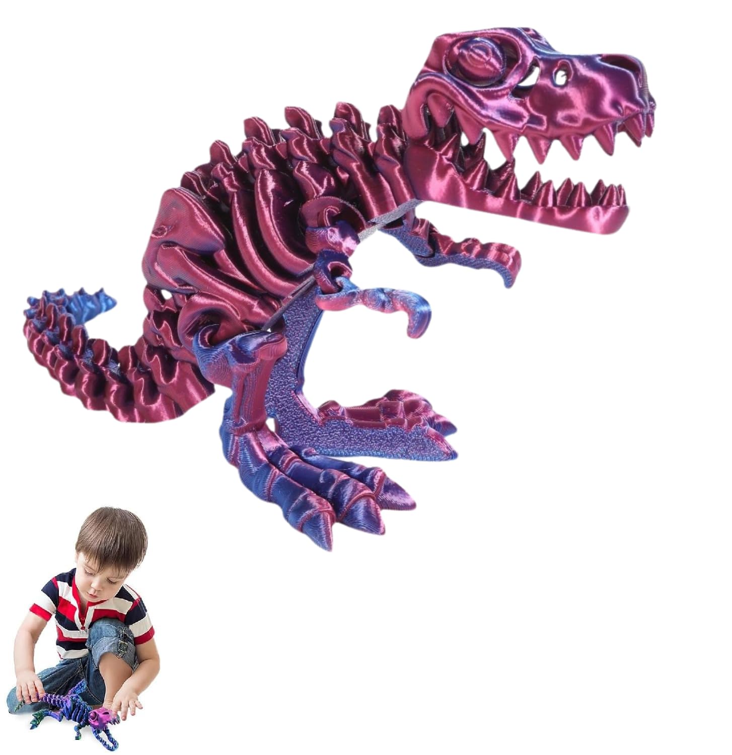 3D Printed Dinosaur Bones - Articulated T-Rex Skeleton Fidget Toy for Home Office Decor, Poseable T-Rex with Flexible Joints for Stress Relief and Anxiety (Purple)