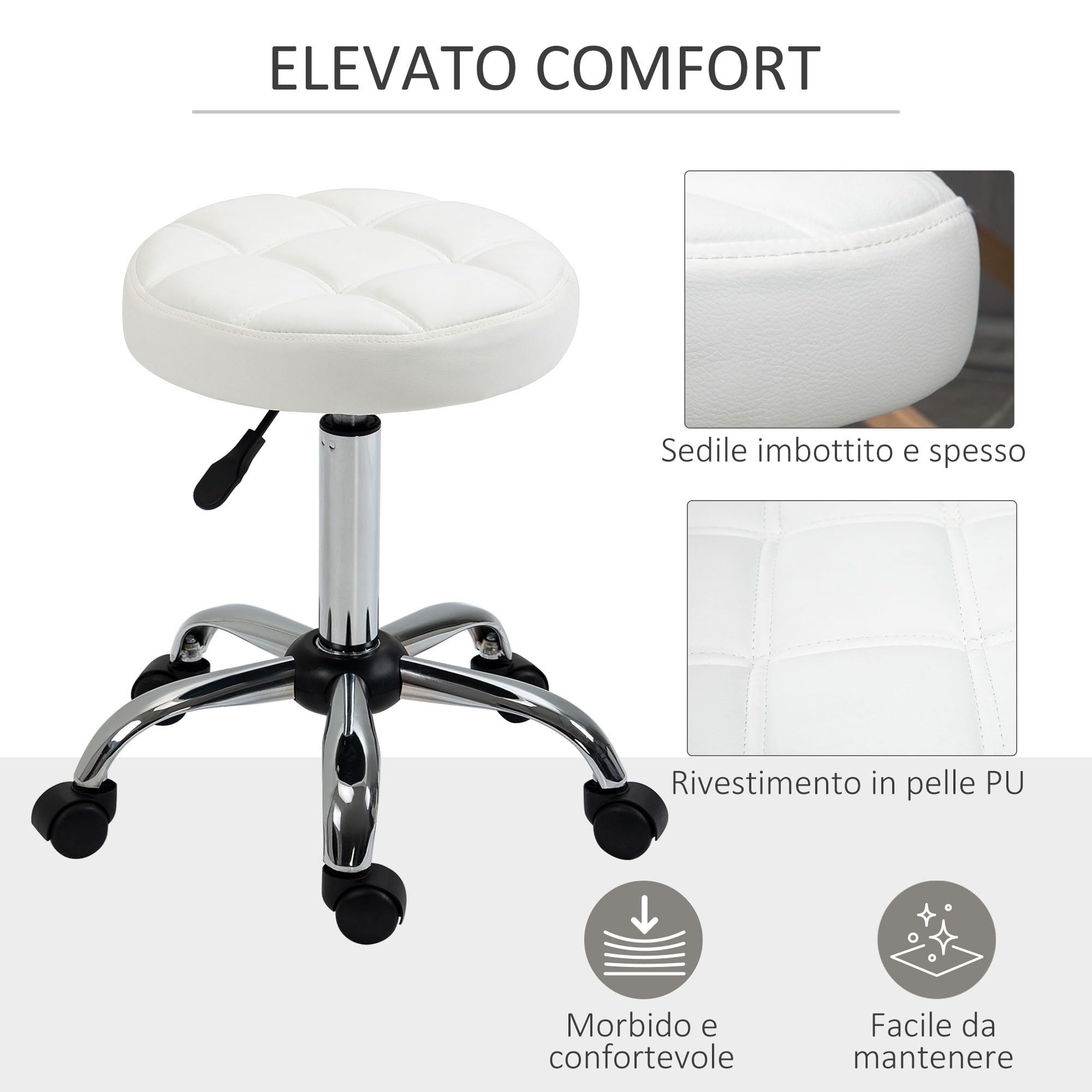 HOMCOM Sgabello Girevole con Ruote Rotondo, Sgabello per Parrucchiere ed Estetista con Altezza Regolabile, Imbottito in Finta Pelle, Bianco