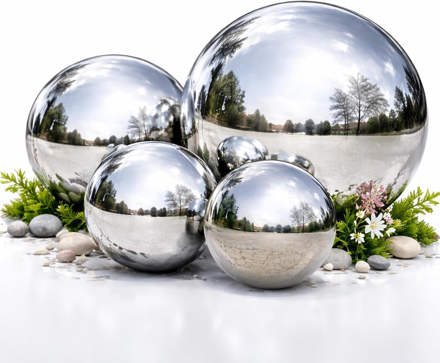 ZMR SHOP CRAFT Stainless Steel Gazing Globe Set, 4-Reflective Mirror Balls, Polished Garden Spheres for Elegant Indoor & Outdoor Decor