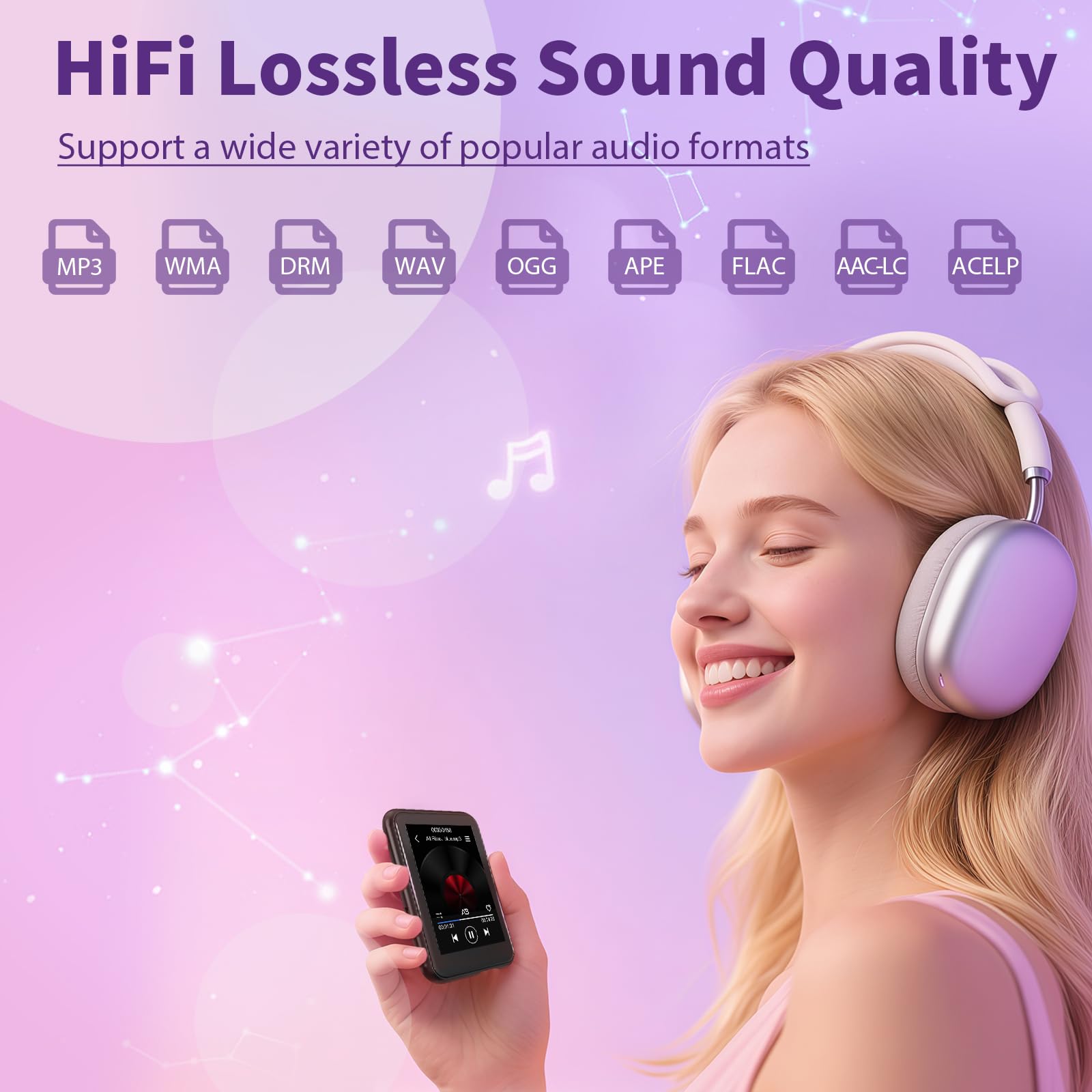 Reproductor MP3 de 32 GB con Bluetooth 5.3, pantalla táctil de 2,4 pulgadas, radio FM, grabación de voz, sonido Hi-Fi, función de libro electrónico, ampliación de memoria de hasta 512 GB