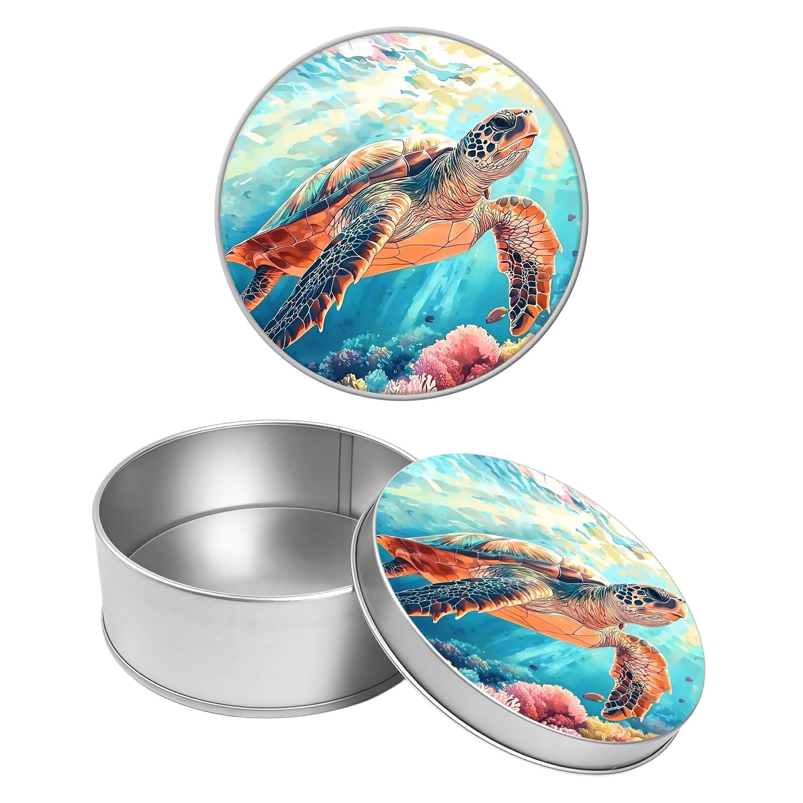 Round Metal Tin Container with Removable Lid, Turtle Ocean Durable Metal Storage Box for Crafts Snacks Candies Office Supplies Small Items 3.54 x 1.38 inch– Single Pack