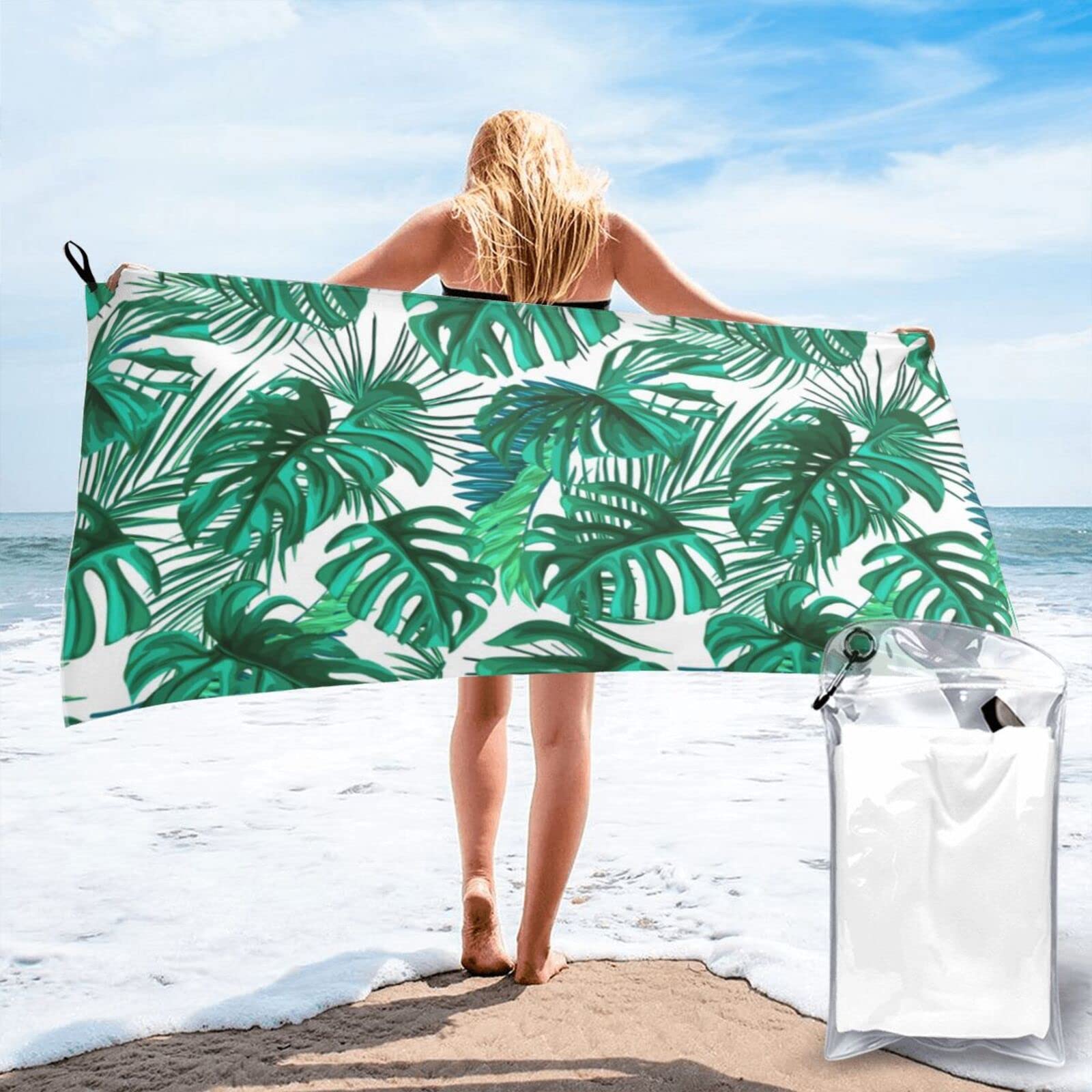 Lawenp Hawaiian Palm Leaf Microfiber Beach Towel Adults Large Quick Drying Bath Towel Travel Towels with Pouch 31.5"x63"