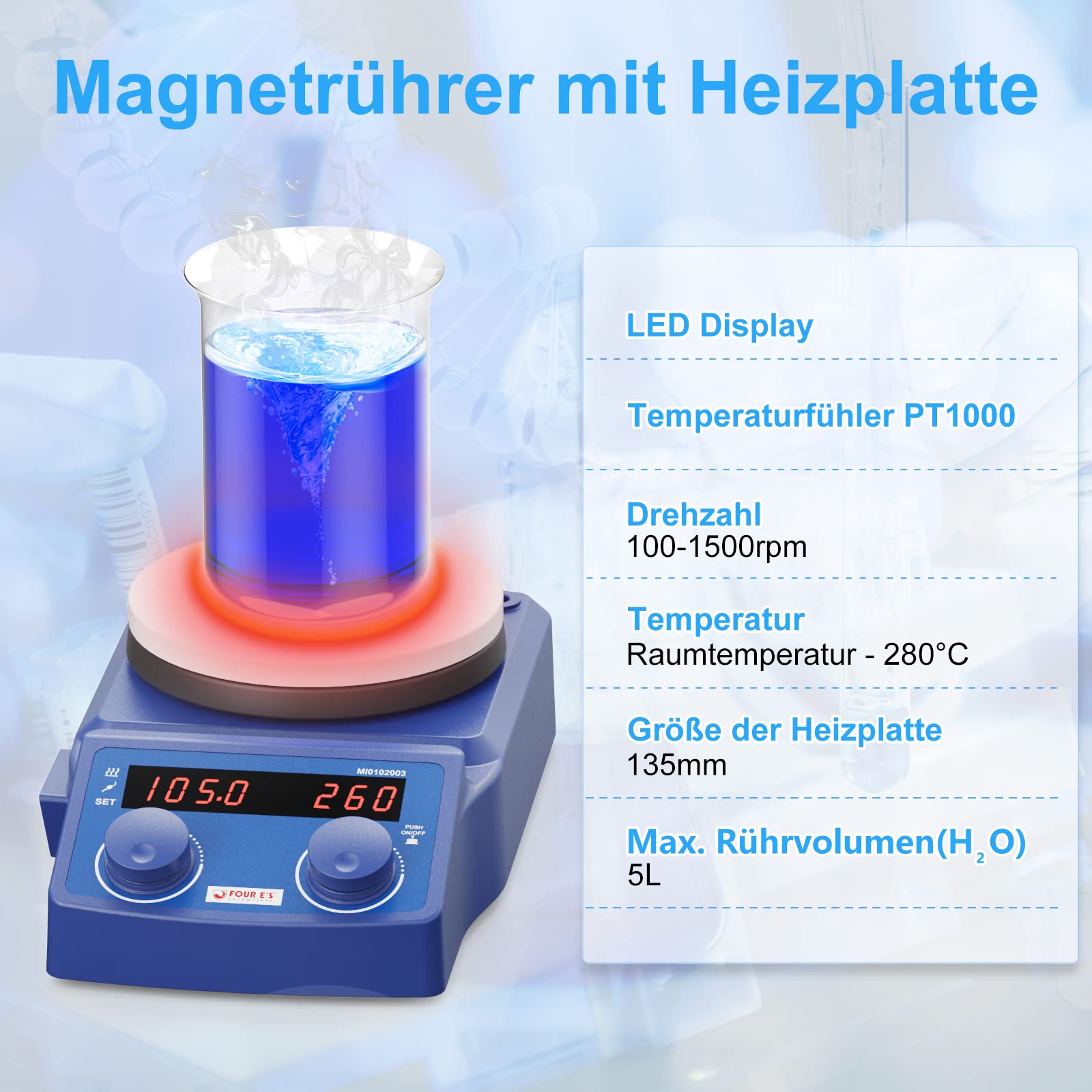 Magnetrührer mit Heizplatte 100-1500UpM 280°C 5L 135mm mit PT1000-Sensor LED-Display Digital Magnetic Stirrer Hot Plate Labor Rührer Magnetmischer