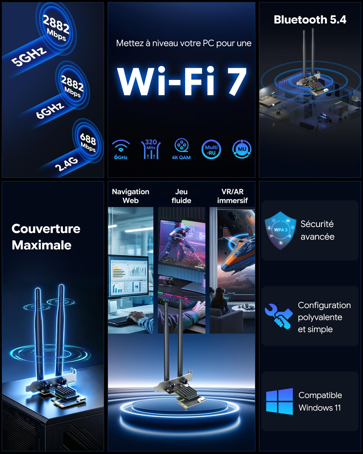 WAVLINK Carte WiFi 7 PCIe BE6500 avec Bluetooth 5.4，Carte WiFi pour PC