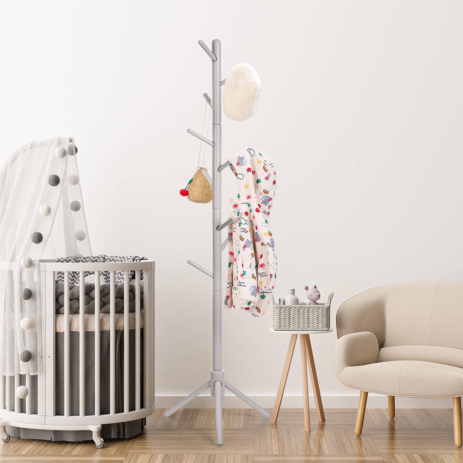 Kid's Coat Rack Stand Beech Wood Clothes Tree, Height Adjustable Freestanding Child Jacket Holder with 9 Hooks, Hanging Hats and Handbags, Hallway, Entryway,Bedroom, Easy Assembly(White)