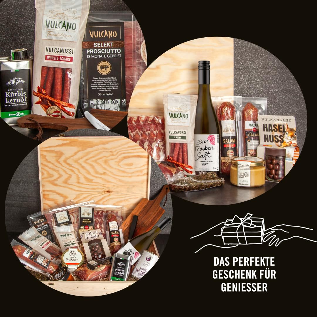 Vulcano Jausenkoffer – Geschenkbox mit Prosciutto, Salami, Vulcanossi, Speckwurzen & steirischen Spezialitäten – Feinkost Geschenk für Genießer, ideal für Männer, Frauen, Geburtstag & Weihnachten