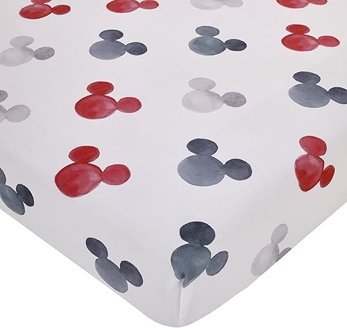 Disney Mickey Mouse - Sábana bajera ajustable para cuna, color negro, blanco, gris y rojo