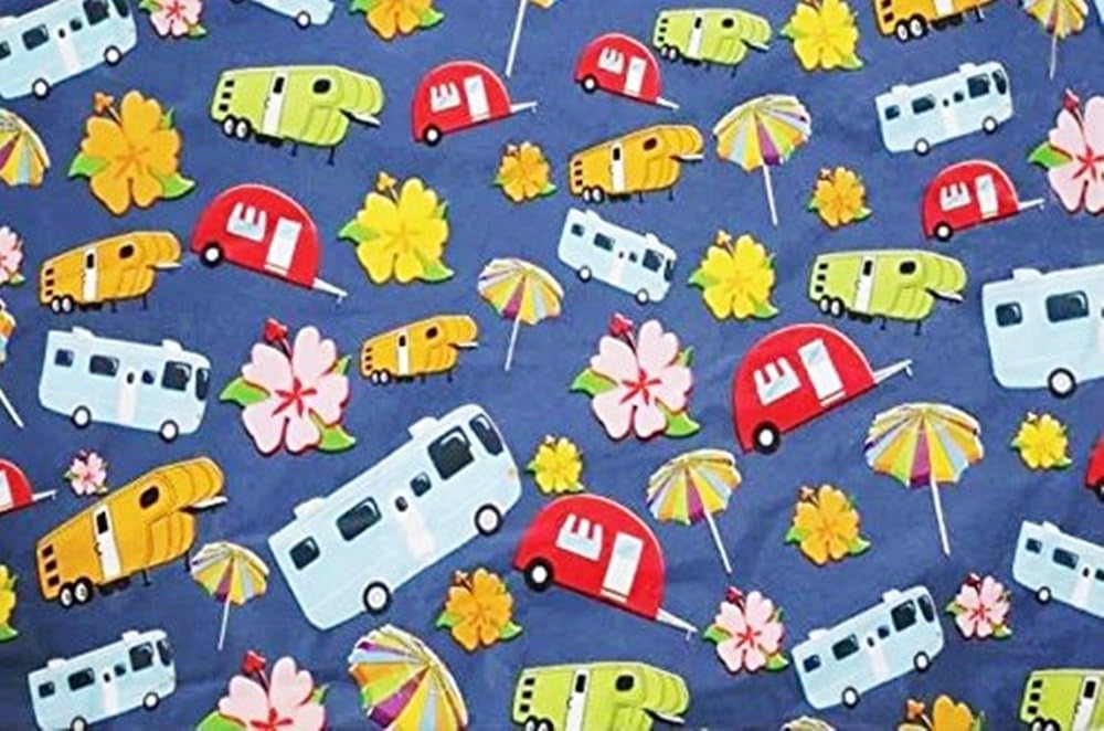 Happy Camper - Retro RV Fun Camping VInyl Flannel Back Tablecloth - 96" x 54"