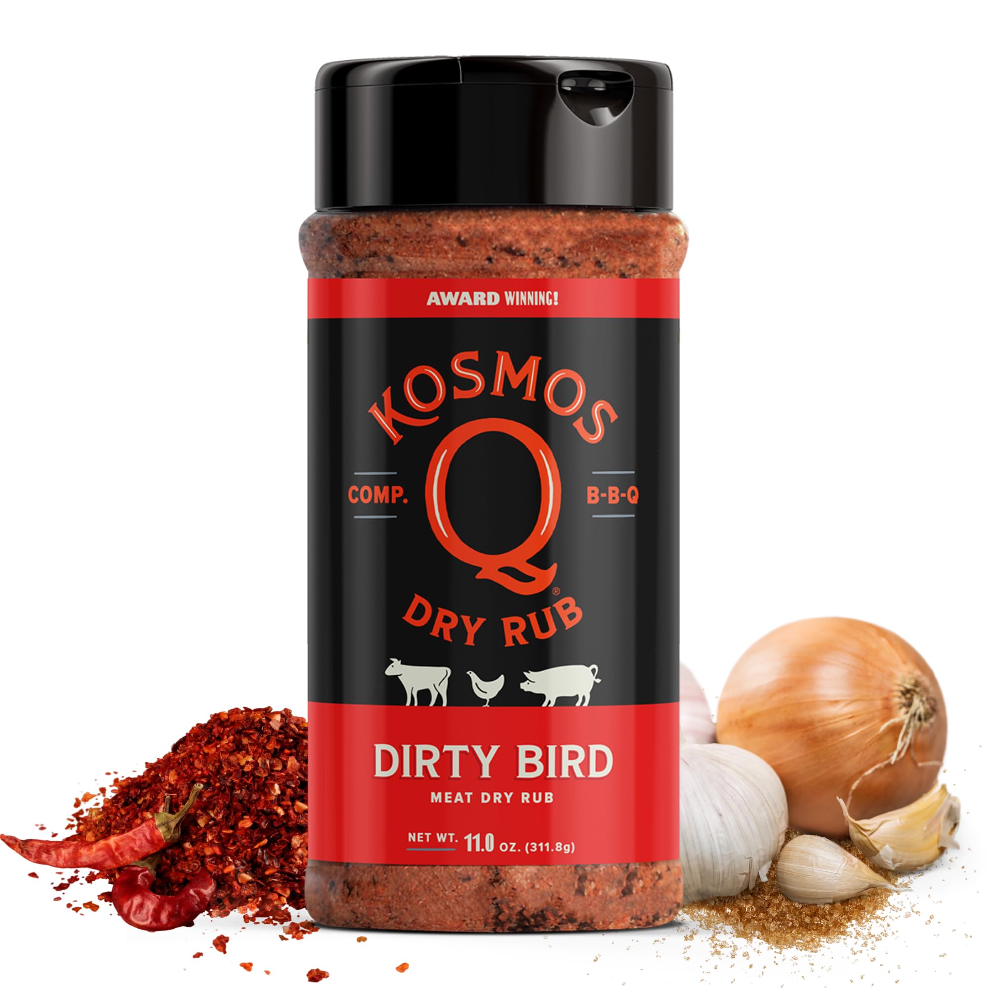 Kosmos Q Dirty Bird BBQ Dry Rub, Sweet and Spicy Seasoning with Brown Sugar, Red Pepper, Garlic & Paprika For Chicken Wings, Ribs, Pulled Pork, Dry Rub For Smoking & Grilling, 11 Oz Shaker Bottle
