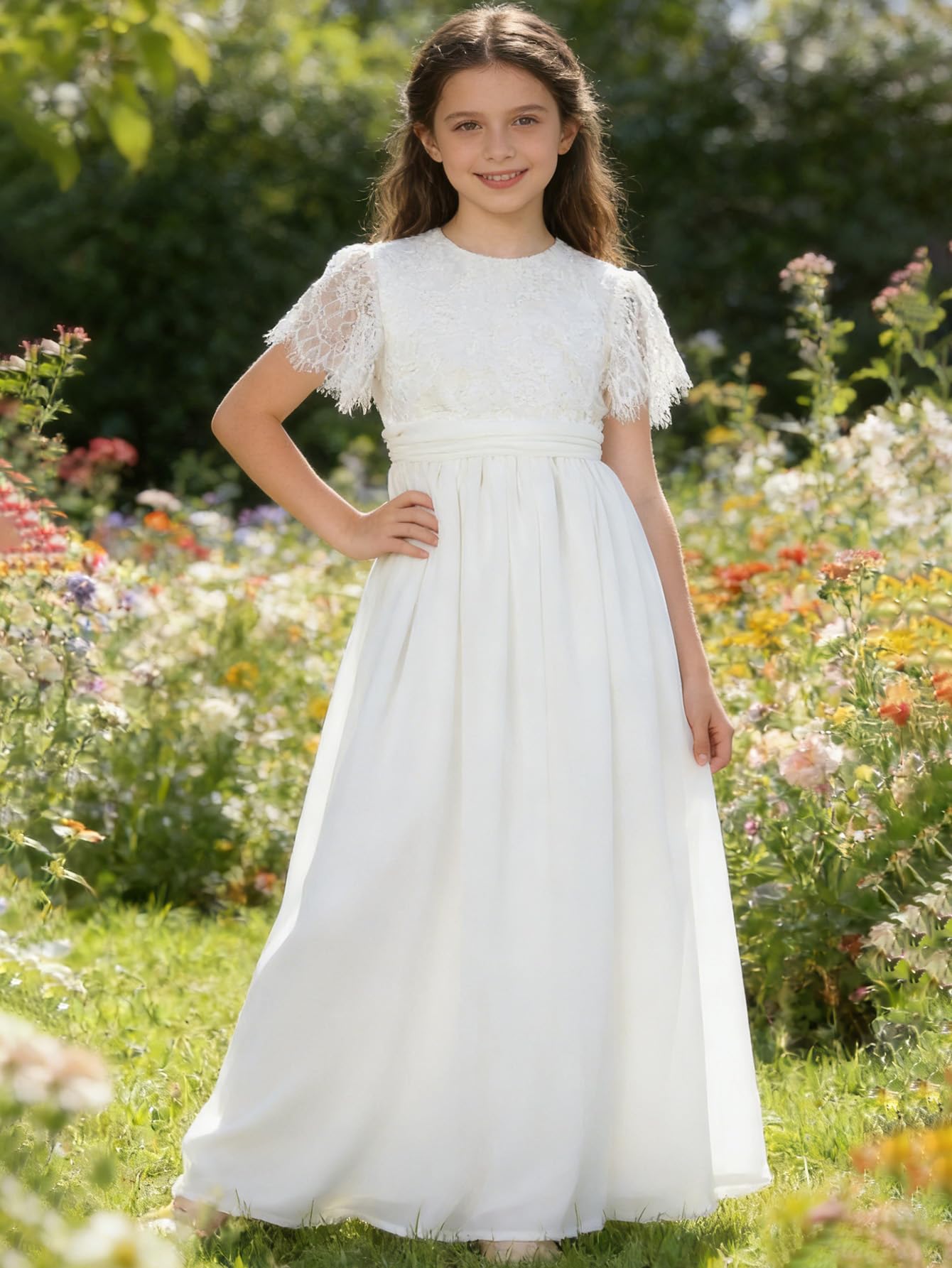 Aibaowedding Dziewczęca sukienka szyfonowa w stylu vintage, z falbankami, linia A, na wesele, imprezę, maxi, dla druhny, dla dziewczynki z kwiatami