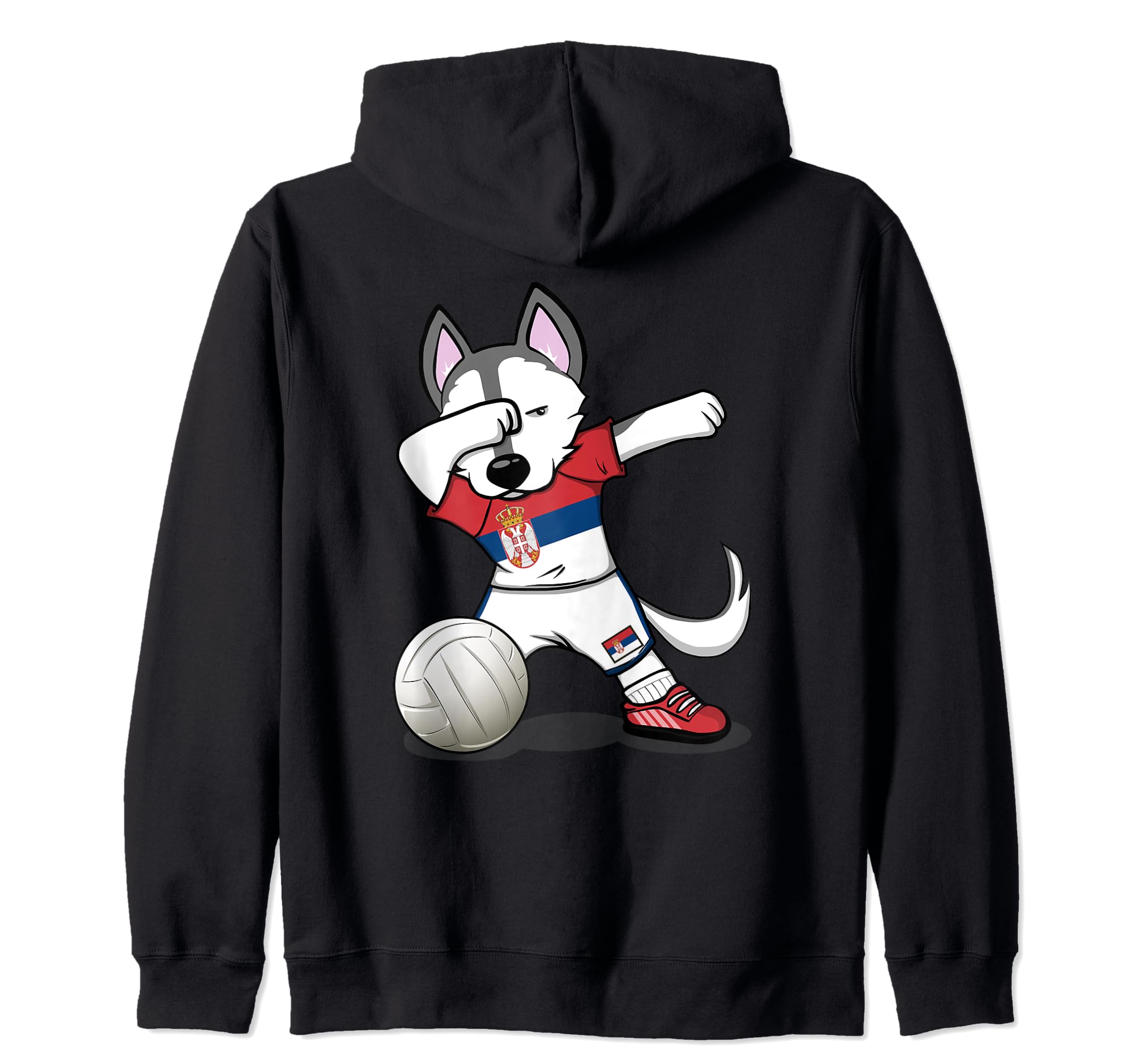 Dabbing Husky Dog Serbia Volleyball Fans Jersey Serbian Flag Zip Hoodie, Black - Image 2