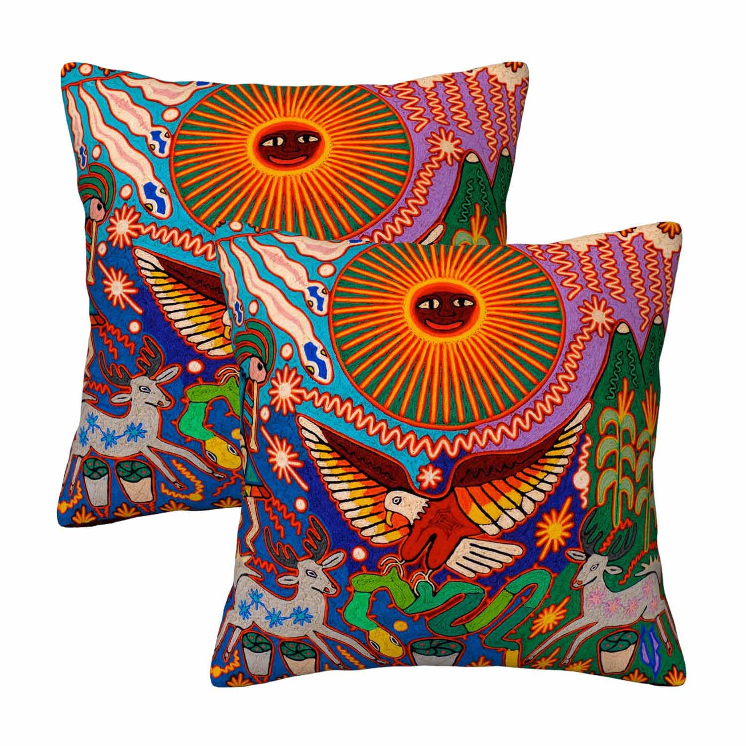 Orythyra Oaxacan Mexico Mexican Mayan Zztec Tribal Boho Throw Pillow Covers 18 x 18 Inch Set of 2 Sun Colorful Chaotic Square Pillowcases Protectors