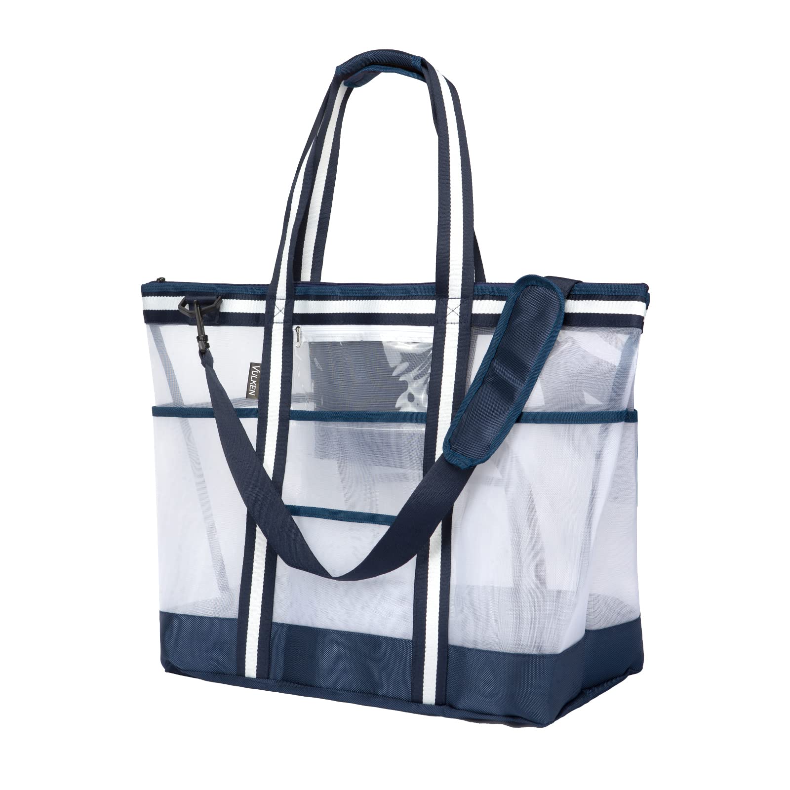 Vulken 42L Extra Large Mesh Beach Bag. 9 Pockets Top Zip Tote Bag Shoulder Bag