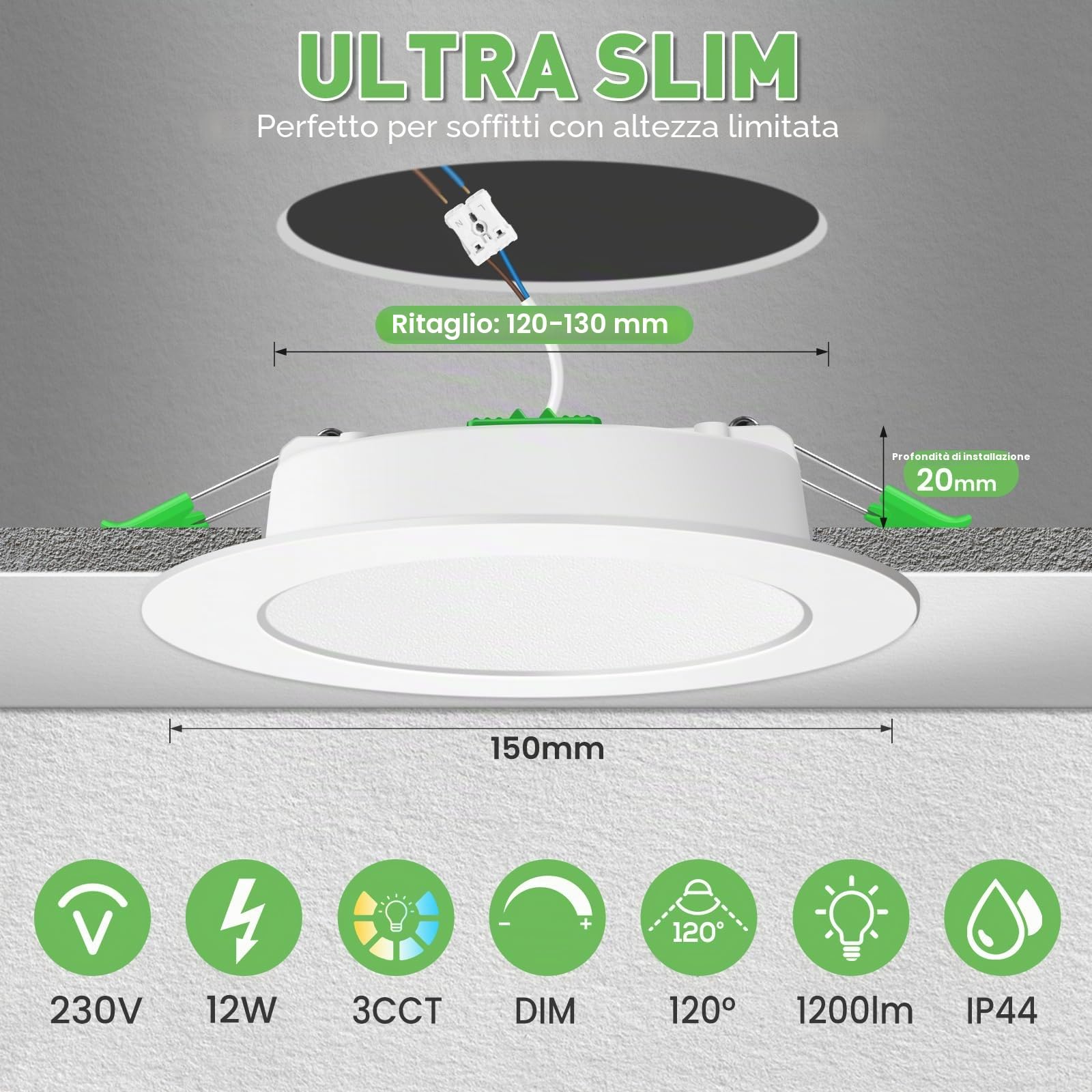 ALUSSO Faretti LED da Incasso Per Cartongesso Dimmerabili 12W 1200LM IP44 Faretti LED Soffitto Incasso Cartongesso, 3000K 4000K 6500K Regolabile, Diametro del Foro 120-130MM, Bianco, Set da 6