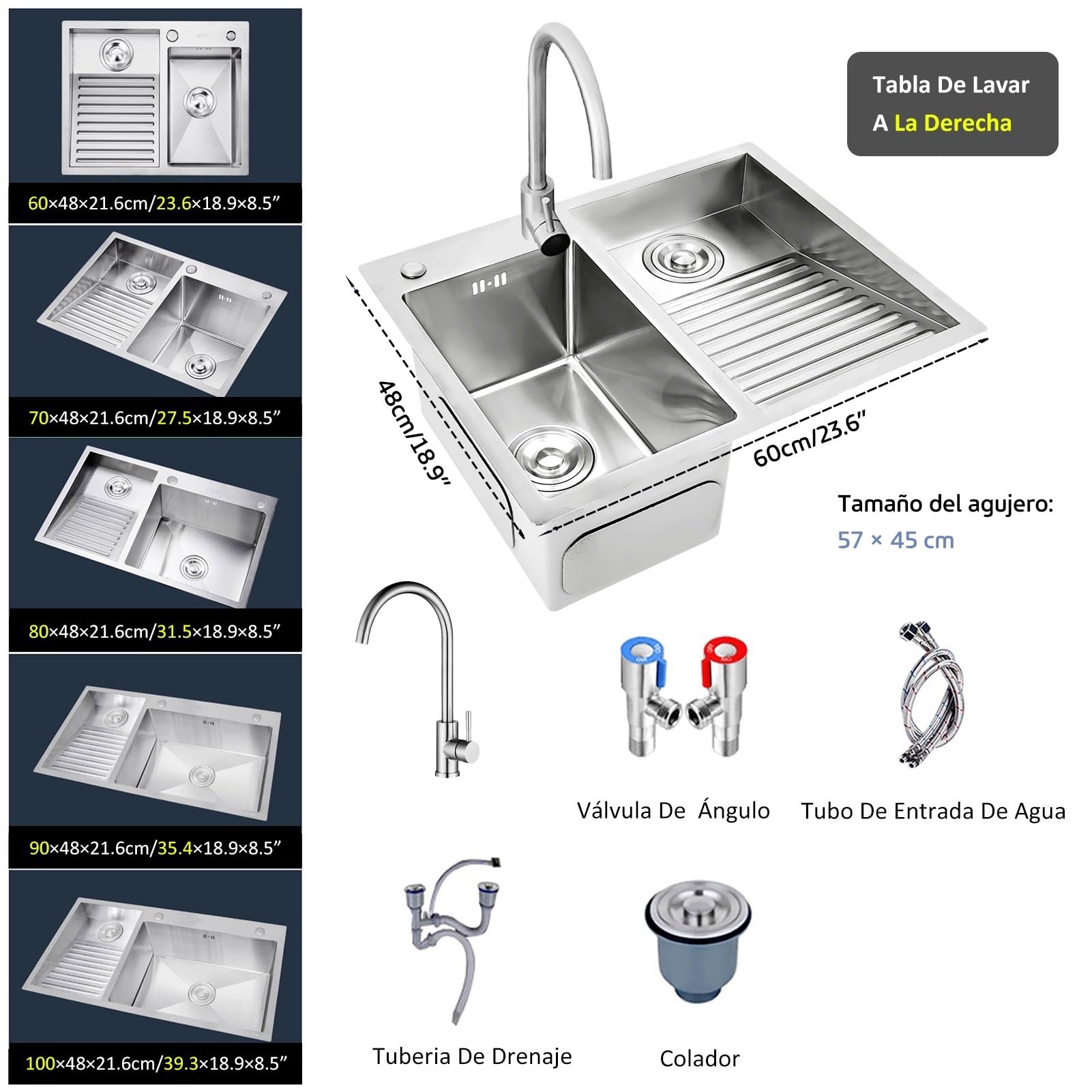 Lavadero Ropa a Mano 60x48cm, Lavandería de Acero Inoxidable 304, Con Grifo, y Kits de Drenaje, Lavadero Pila Exterior, Pila de Lavar, Fregadero Cocina, Lavanderia Lavabo, Fregadero Exterior, Right