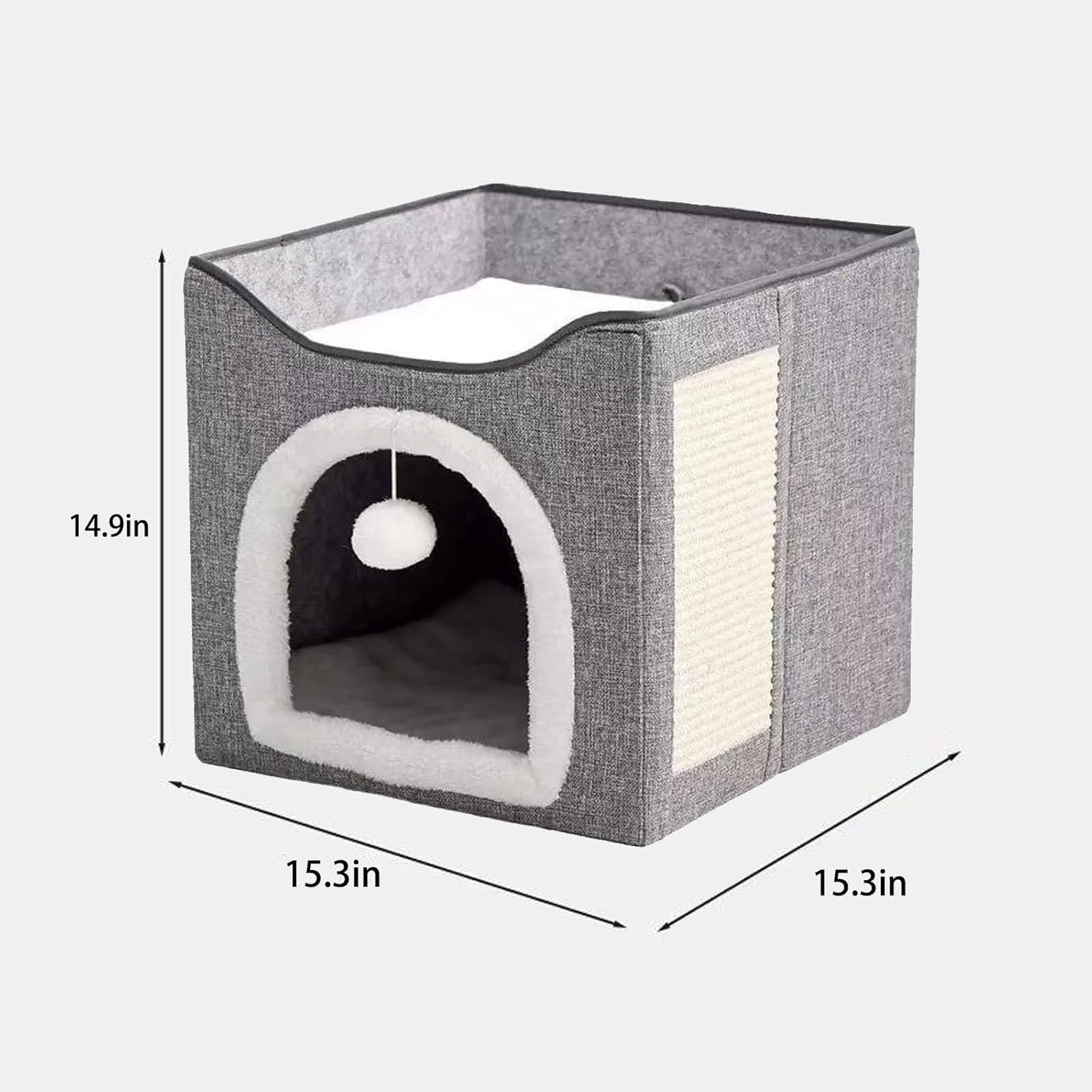 Indoor Cat House with Scratch Pad, Round Window, Hanging Balls, Collapsible Design (Coffee Color, 15.3x15.3x14.9)