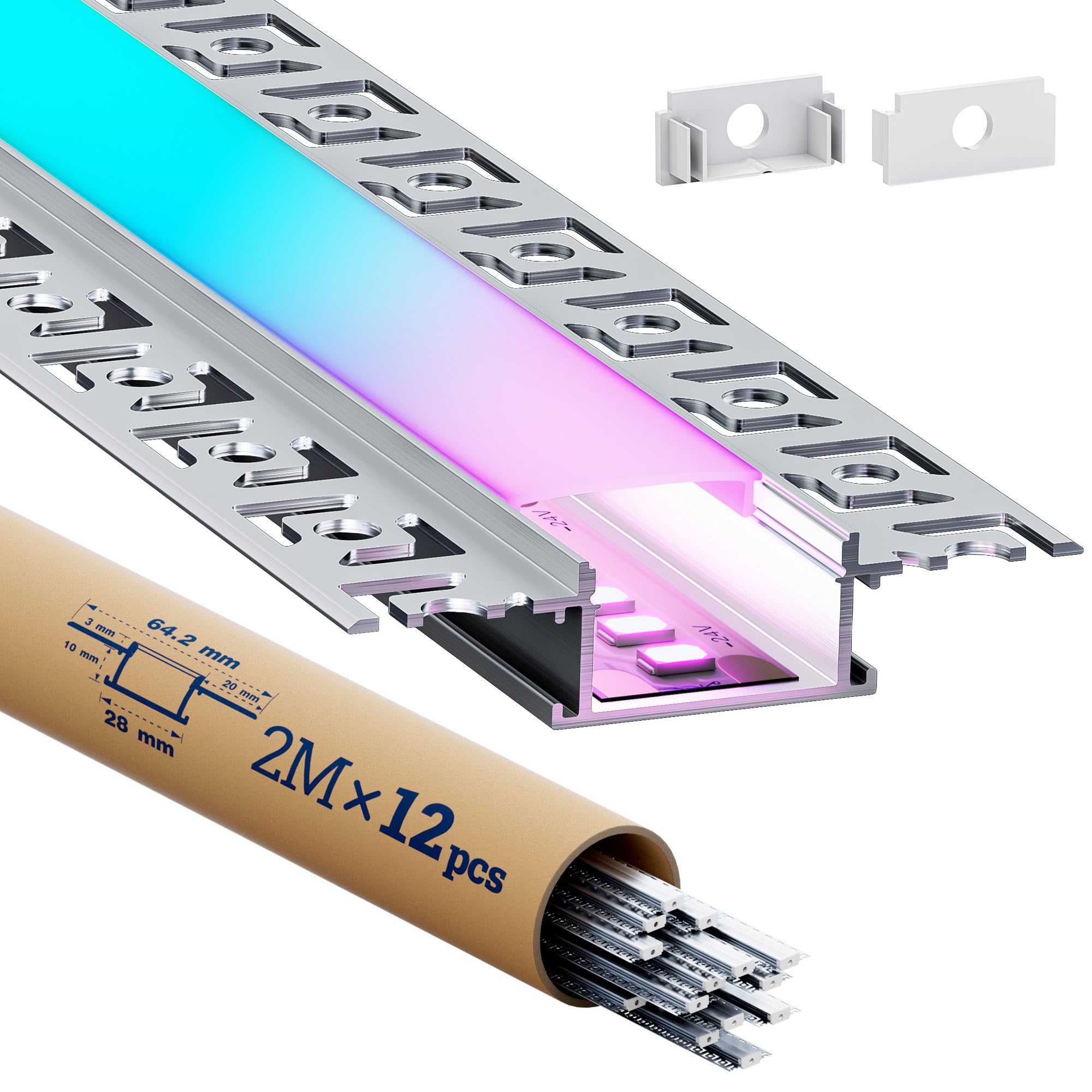 Shine Plus 12 Perfiles LED pladur 2m, perfiles LED para tiras LED, carril LED empotrado, ayuda a disipar el calor, dimensiones 28 x 13,8 mm, compatible con tiras LED de hasta 20,2 mm.