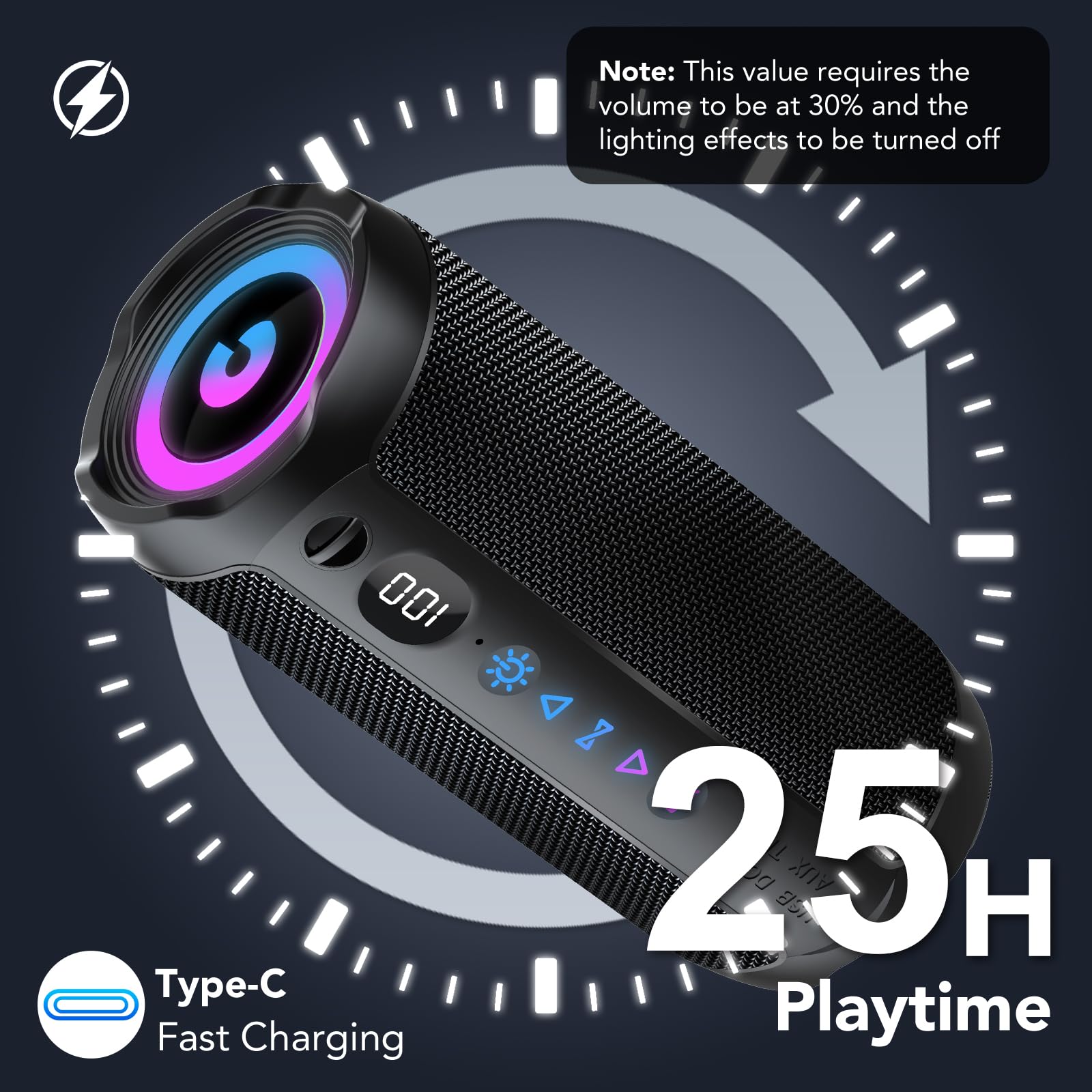 Enceinte Bluetooth Puissante 5.4 sans Fil avec Bass Puissantes, Haut-Parleur Portable 25W, LED Écran, Autonomie 25H,Son Surround à 360 degrés,Appairage TWS,AUX,TF Carte,pour l'extérieur/La Fête/Voyage - 3