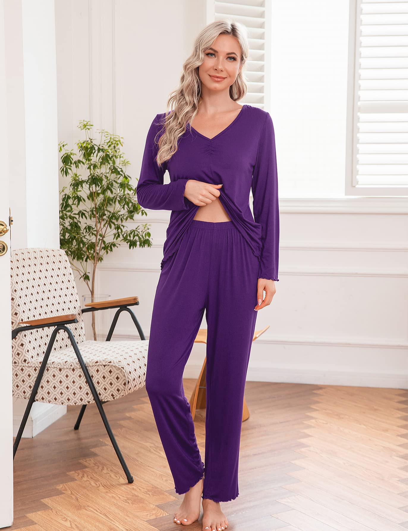 MAXMODA Pigiama Donna Pigiami Due Pezzi Maglietta Manica Lunga e Pantalone Lungo S-XXL