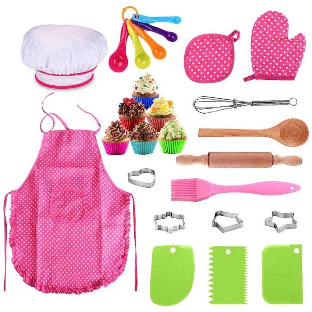 25Pcs Toy Kitchen Set for Kids, Kids Baking Cooking Kitchen Set, Includes Apron for Little Girls, Chef Hat, Mitt & Utensil - Childrens Role Play Set, Mud Kitchen Accessories for Children Ages 3+