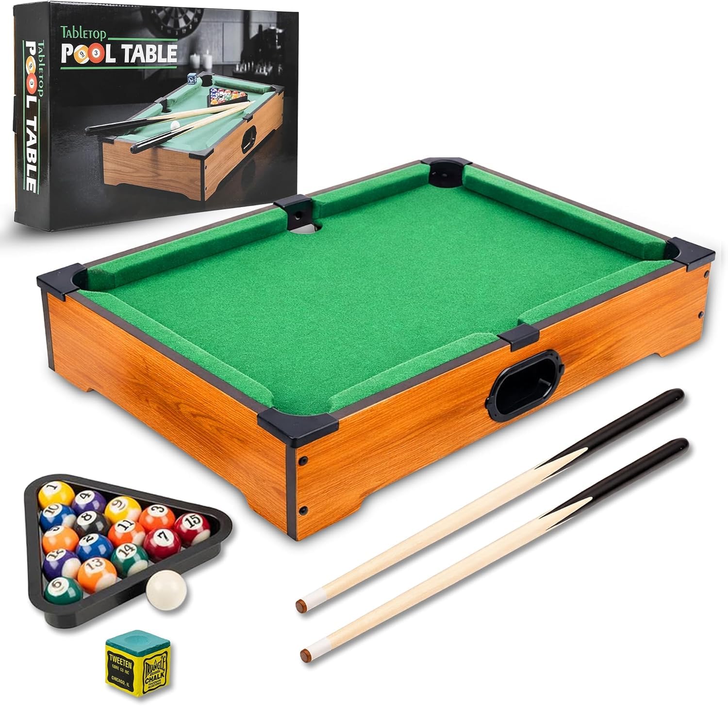 Tabletop Pool Table Set with 2 Cue Sticks, 16 Billiard Balls, Triangle Rack & Chalk – Mini Billiards Game for Adults & Kids – Portable Desktop Indoor Game Table