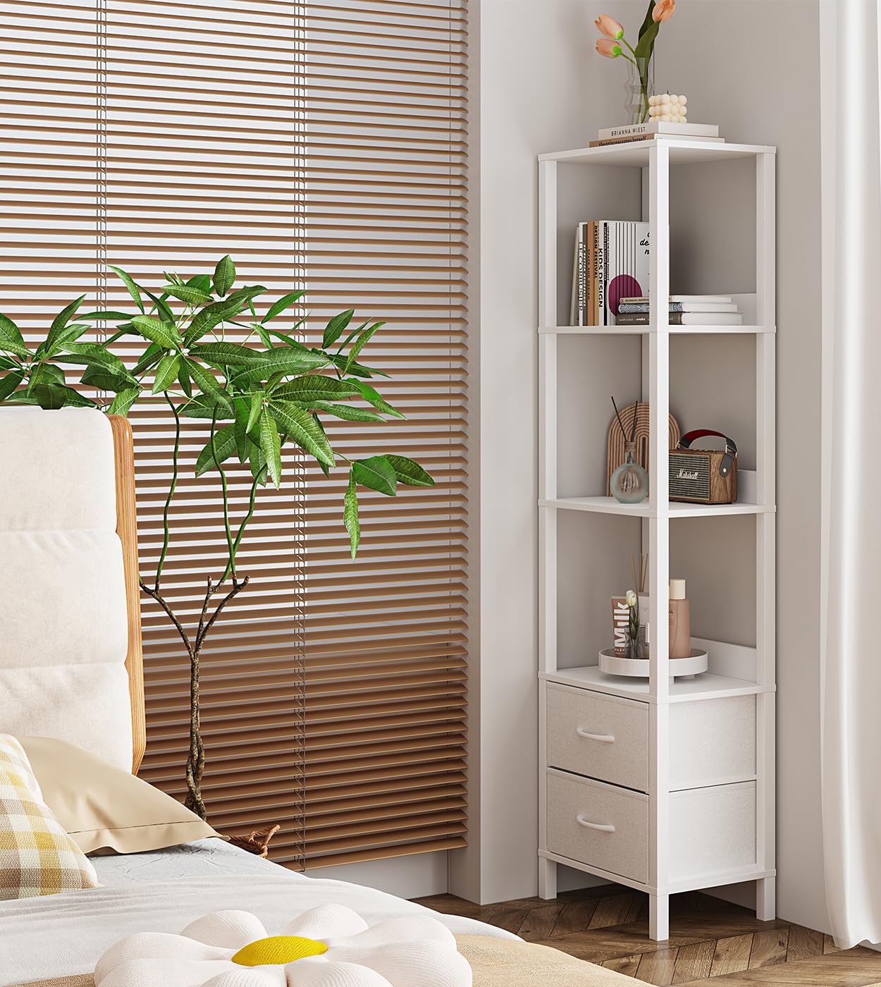 Estantería alta con cajones, estantería de 6 niveles para libros, kit de garaje, CD, películas, estantes modernos de pie, organizador de almacenamiento para dormitorio, oficina, sala de estar, 8