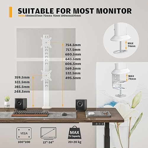 Miniatura 5 de Hemudu Soporte de brazo articulado para escritorio de doble monitor, pantalla vertical para dos monitores de computadora de 13 a 34 pulgadas con