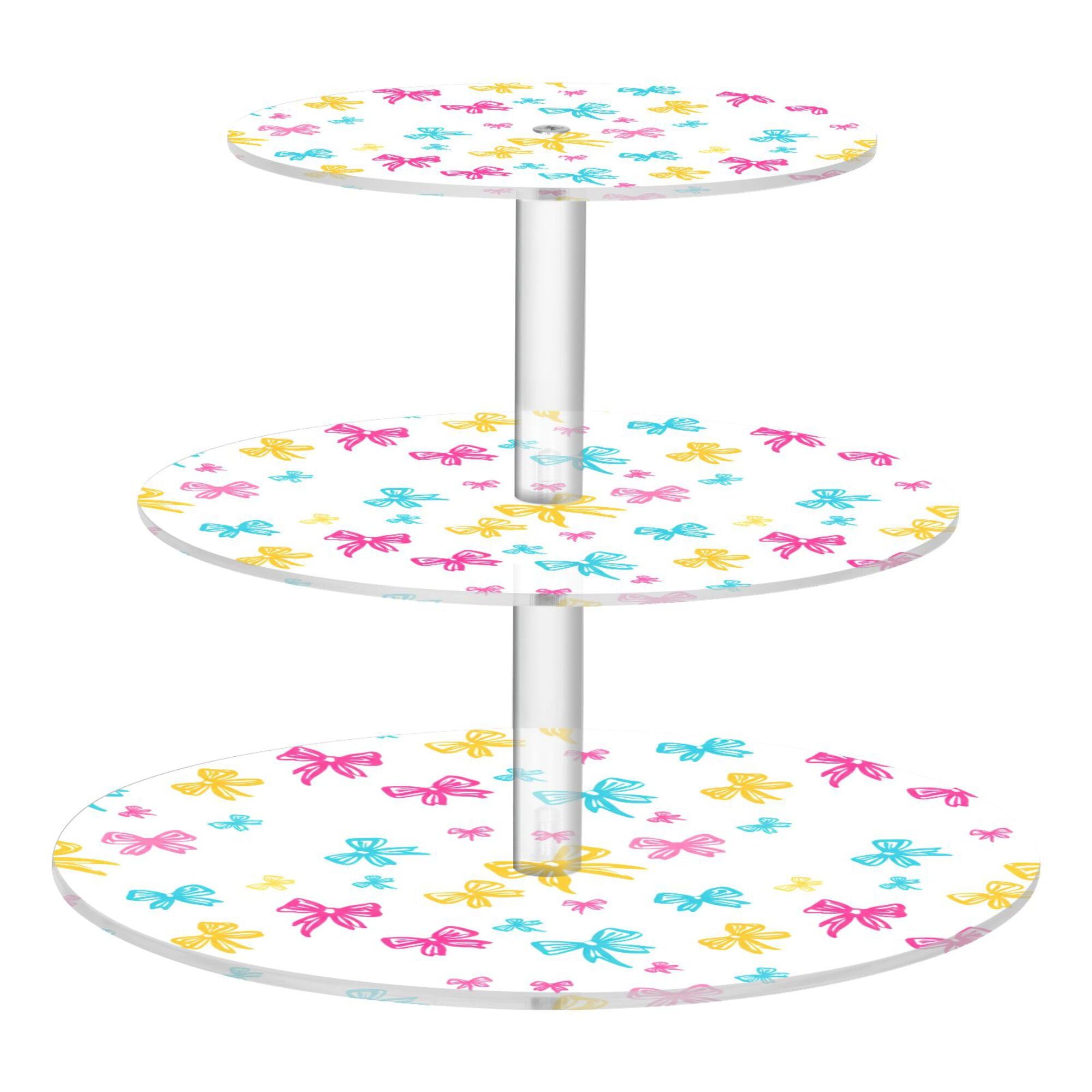 PYBUG Bows Pink 3 Tier Acrylic Cupcake Stands Tower,Dessert Table Display Set for Tea Party,Wedding,Birthday, Baby Shower