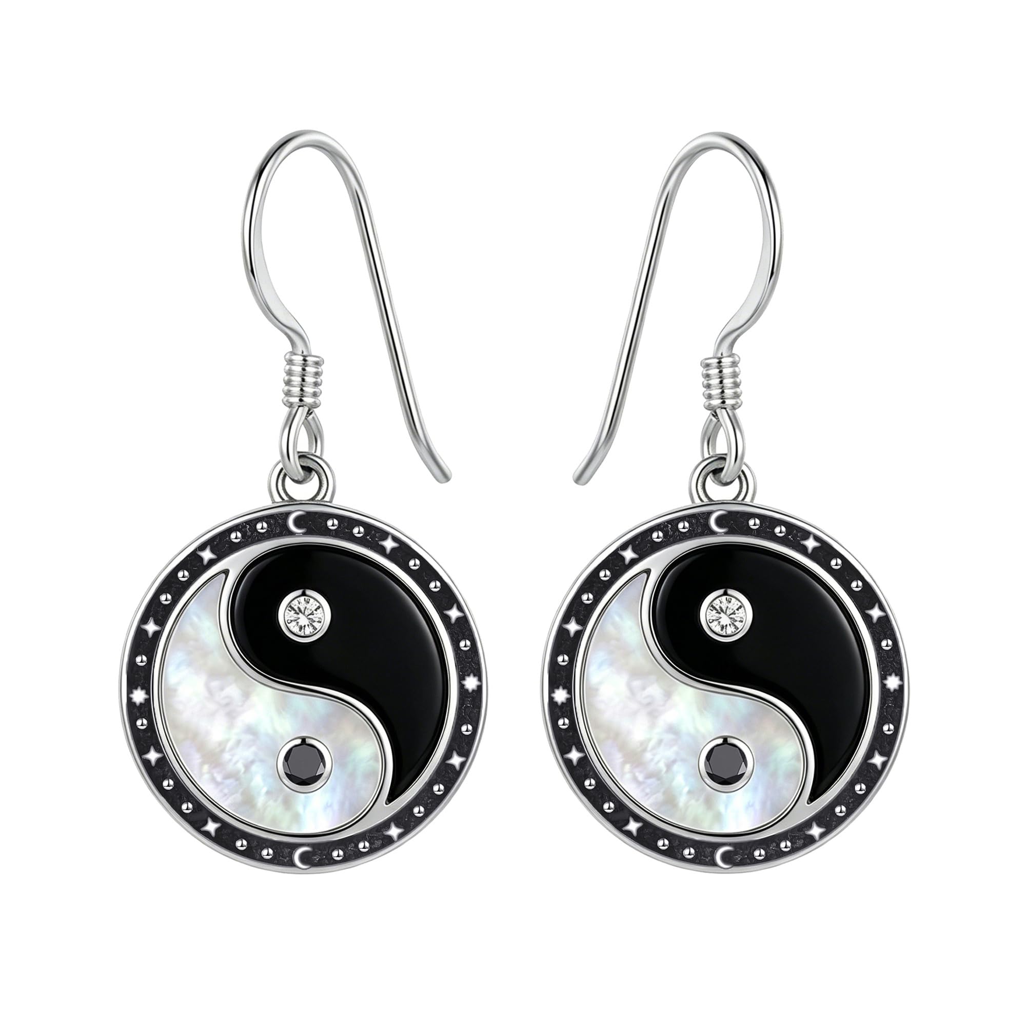 DAYLINLOVE Yin Yang Ohrringe 925 Sterling Silber Schwarze Obsidian Weiß Perlmutt Hänge Ohrringe Yin Yang Amulett Schmuck Geschenk für Damen Frauen Mädchen