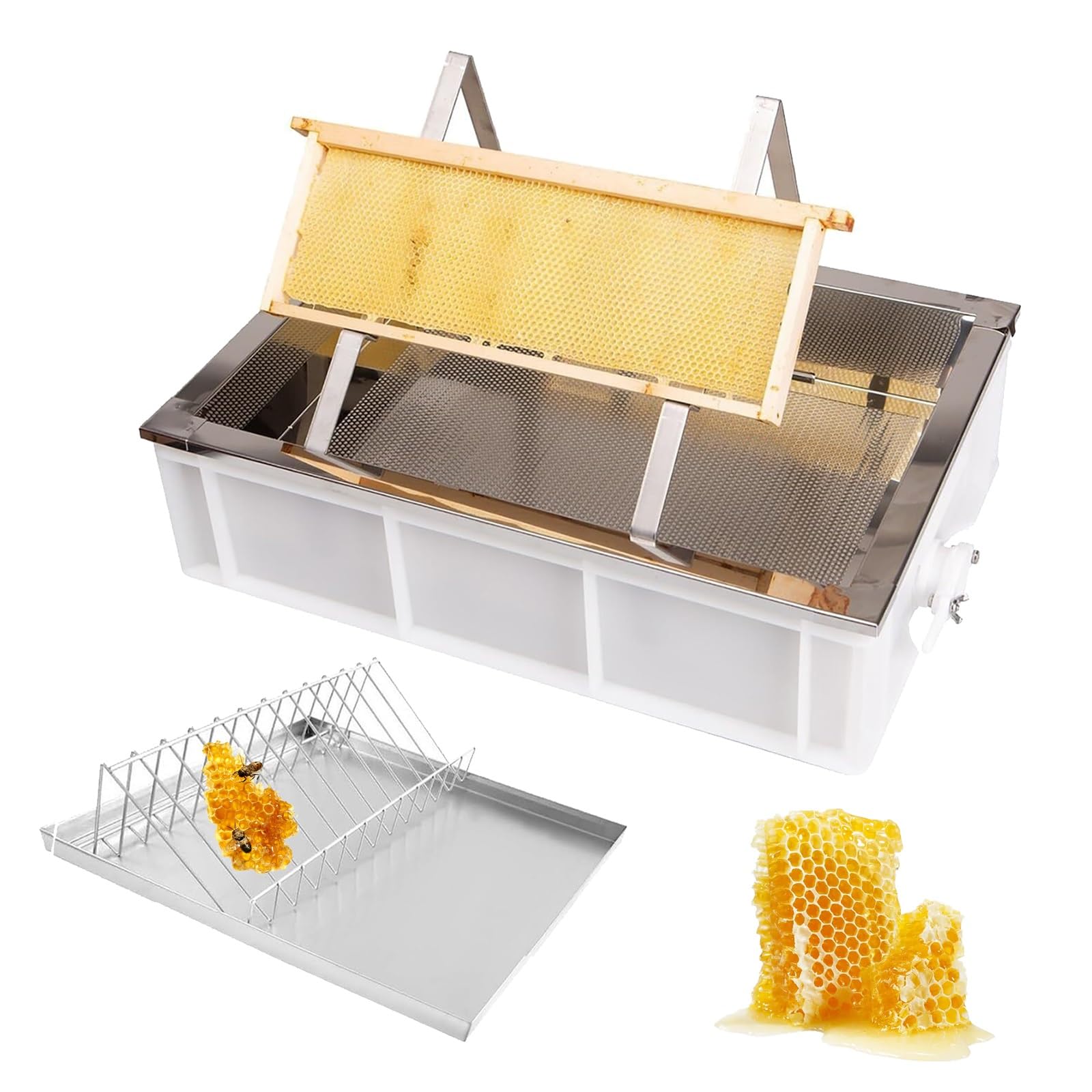 XNXYSMKJ Beekeeping Uncapping Station w/Stainless Steel Drip Tray & Plastic Tub,Essential Honey Harvesting Tool Set for Efficient Honey Collection in Farms