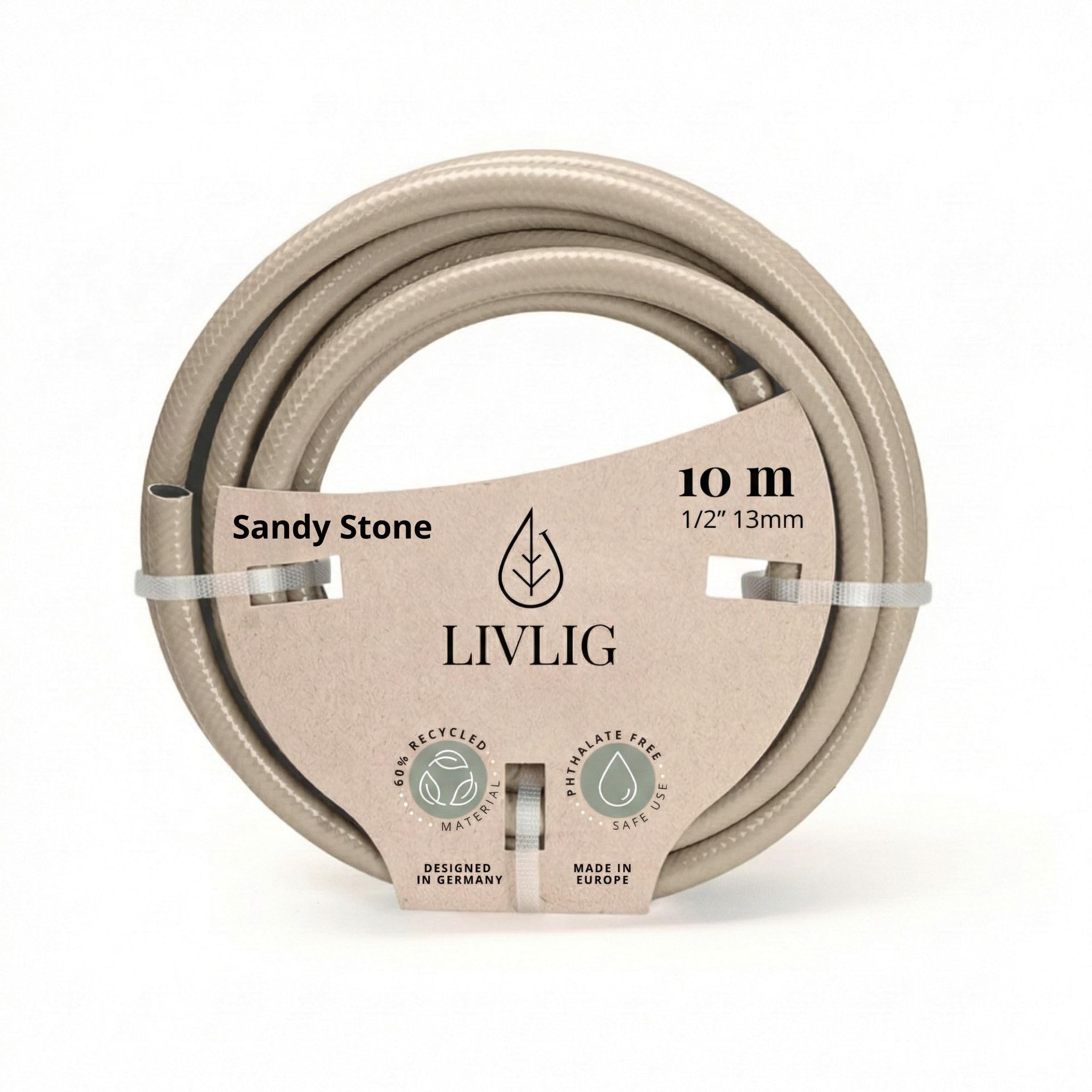 LIVLIG Manguera Jardin 10m – Manguera de Riego Flexible, 60% Reciclado, Resistente UV, Antitorcion, 1/2 Pulgada, Beige