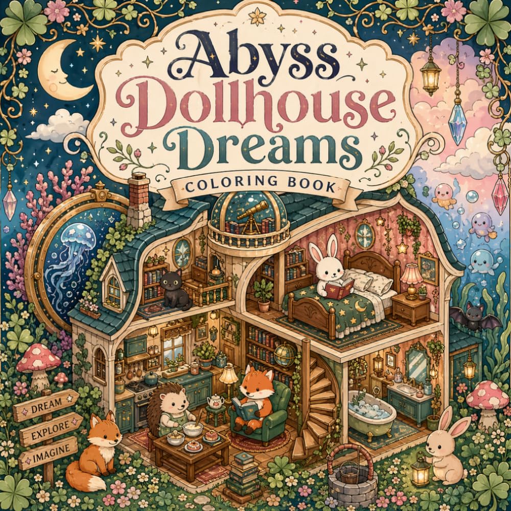 Abyss Dollhouse Dreams Coloring Book: Kawaii Miniature Rooms, Whimsical Fantasy Interiors, Cute Animal Characters, Relaxing Coloring Pages for Adults and Teens — Stress Relief and Mindful Escape