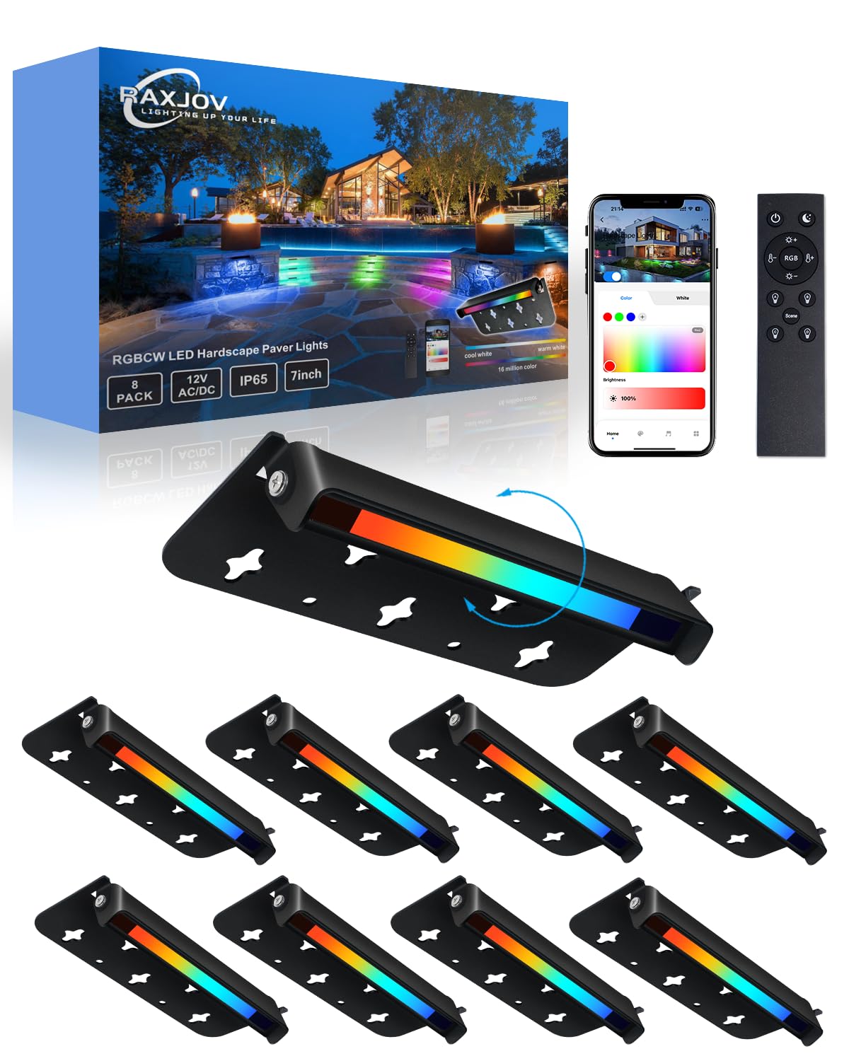 8 Pack 7 Inch RGBCW Retaining Wall Lights, 5W Smart LED Hardscape Lighting with Remote Control, 16 Million Colors 12V AC/DC Low Voltage Step Lights Outdoor, IP65 Waterproof Landscape Lighting