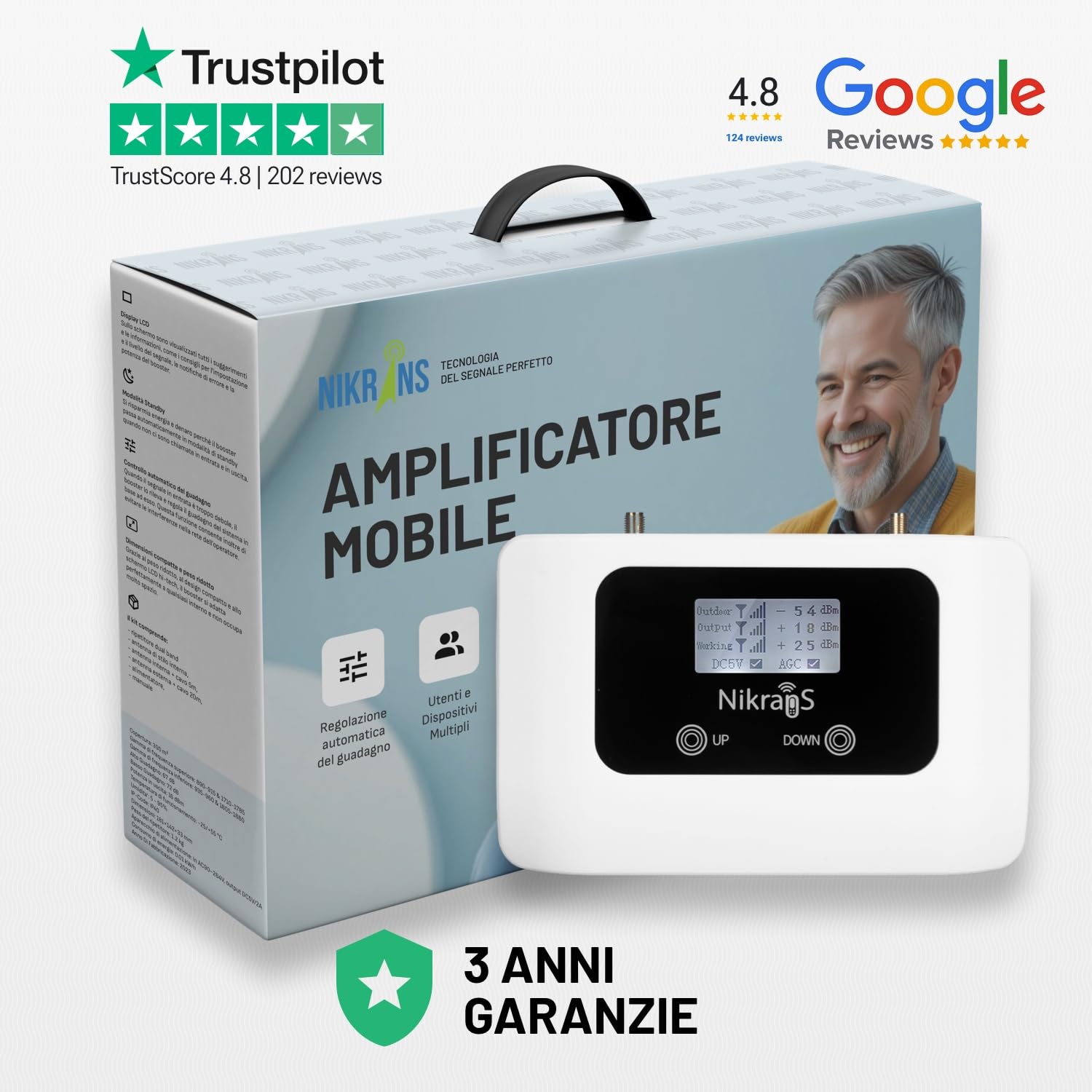 LCD-300 – Ripetitore GSM 900 MHz per Chiamate Stabili | Copertura fino a 300 m² | Compatibile con Tim, Vodafone, Wind Tre, Iliad | Amplificatore Segnale Cellulare con Schermo LCD e Risparmio E