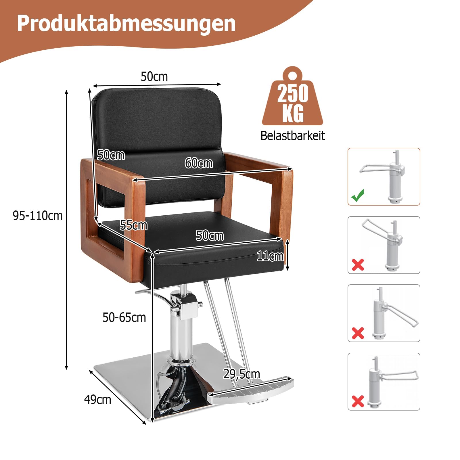 COSTWAY Friseurstuhl Sitzhöhe verstellbar von 50-65cm, Barbersessel belastbar bis 250 kg, Salonstuhl mit 360° Drehung, Hydraulischer Pumpe, Spa Friseursessel mit Holzarmlehnen