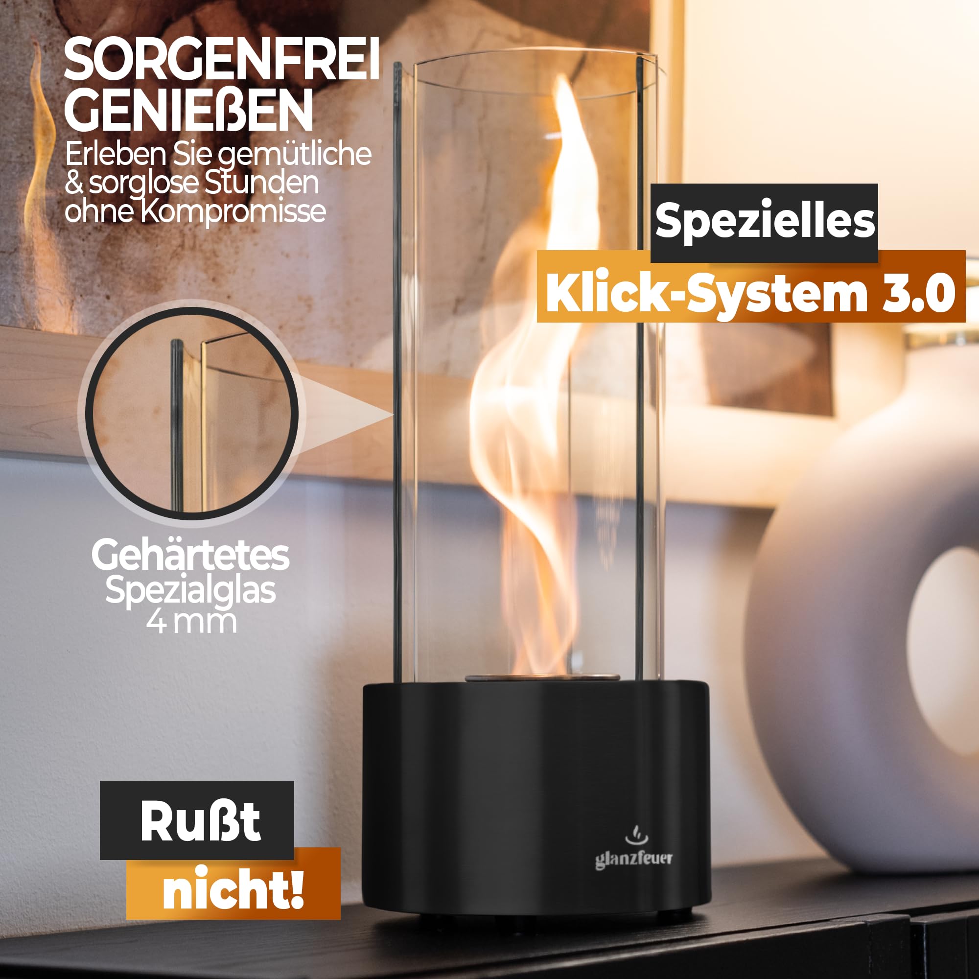 Glanzfeuer Bioethanol Tischkamin Outdoor & Indoor inkl. Bioethanol - Extra Lange Brenndauer mit Wirbelflamme - Tischfeuer Deko - Tisch Kamin Feuer Feuersäule - Garten & Deko Geschenk