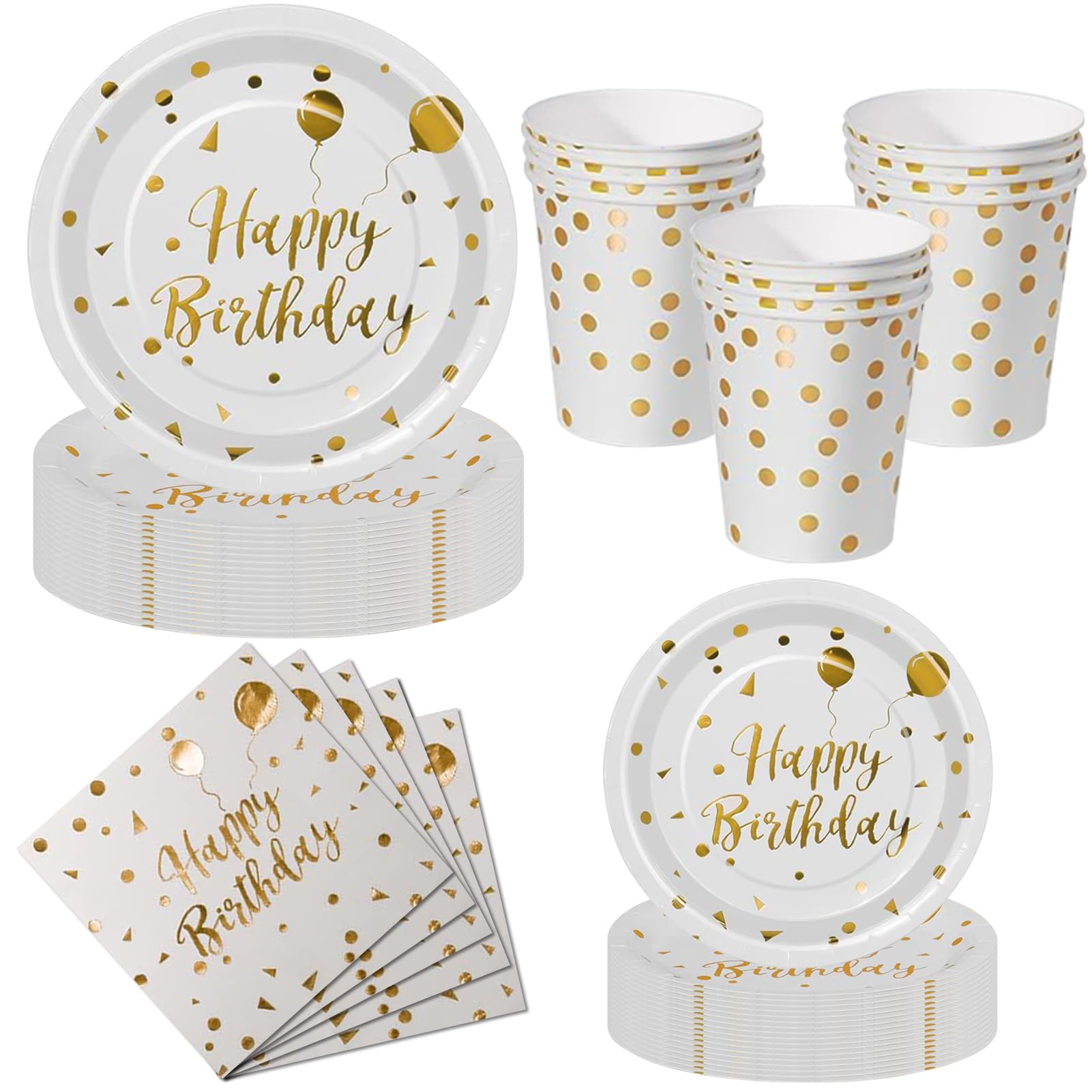 Nkaiso Birthday Party Plates Pups and Napkins Set, 50 Piece White and Gold Party Tableware Set, Disposable Paper Plates Cups Napkins - Birthday Dinnerware for Celebrations
