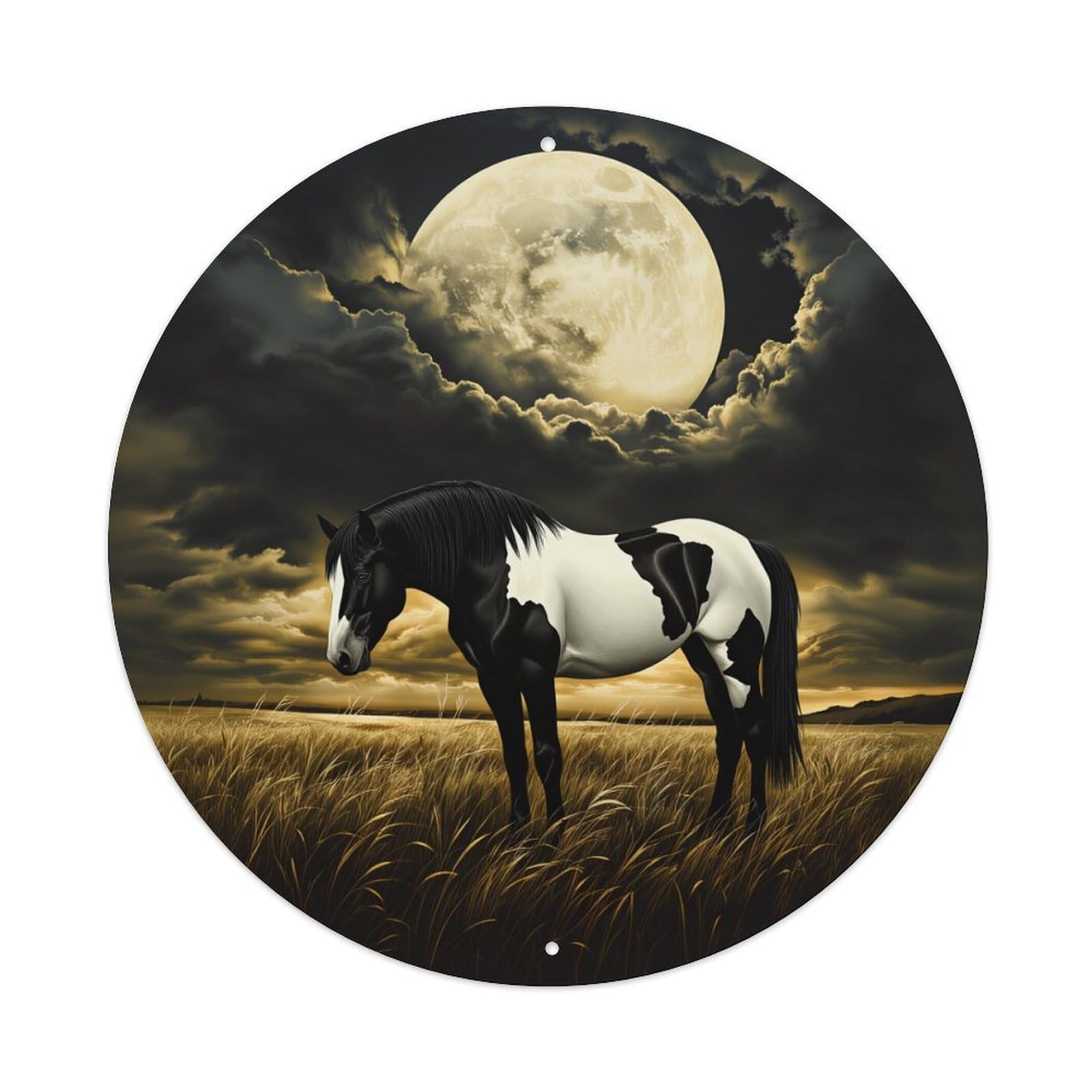 Moonlit Horse Field Night Sky Round Tin Sign Vintage Metal Poster, Home Bar Garage Man Cave Cafe Indoor & Outdoor Wall Decoration 8x8Inches