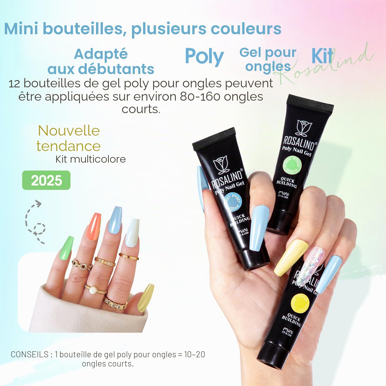 ROSALIND Gel Construction Ongle UV Starter Set, 12pcs 10ml Poly Extension d'ongles en Gel Avec Mini UV Lampe, Base&Top Coat, DIY Nail Art Acrygel Complet Kit pour Femme