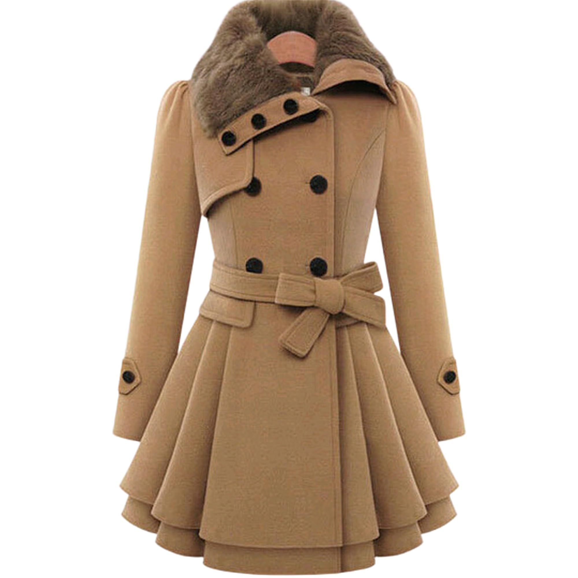 Cappotto invernale da donna con collo in pelliccia sintetica, doppiopetto, cintura, caldo, stile pecorino, giacca soprabito.