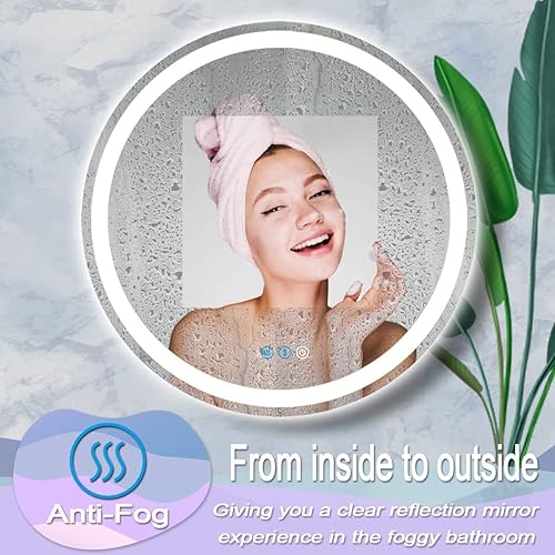 Miniatura 10 de Espejo LED redondo de 32 pulgadas con luces para baño montado en la pared, espejo de tocador iluminado redondo con 3 luces de colores, espejo de