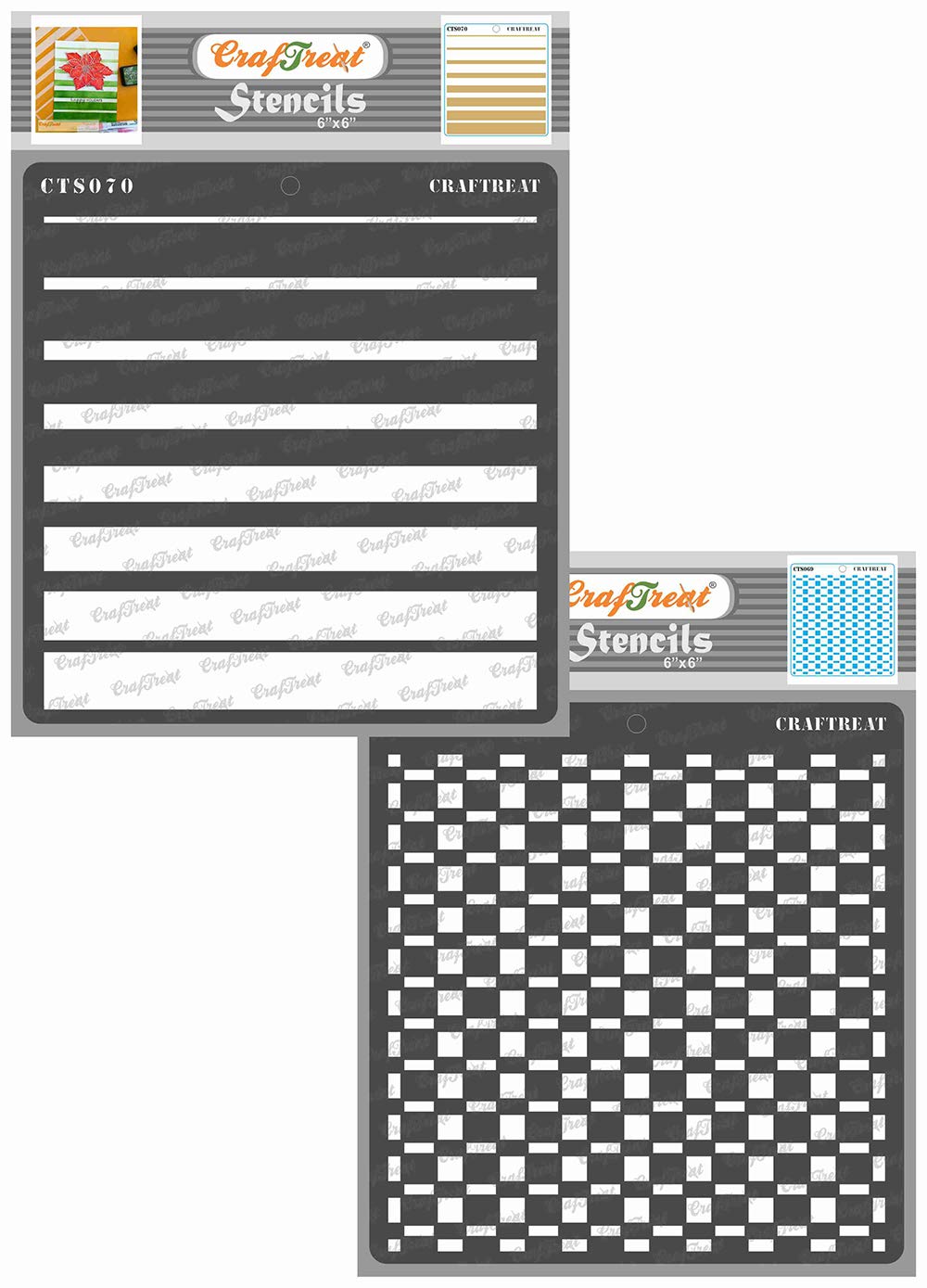 CrafTreatStencil - Graduated Stripes and Checkered (2 pcs) - Reusable Painting Template for Home Decor Crafting DIY Albums Scrapbook and Printing on Paper Floor Wall Tile Fabric 6x6 inches