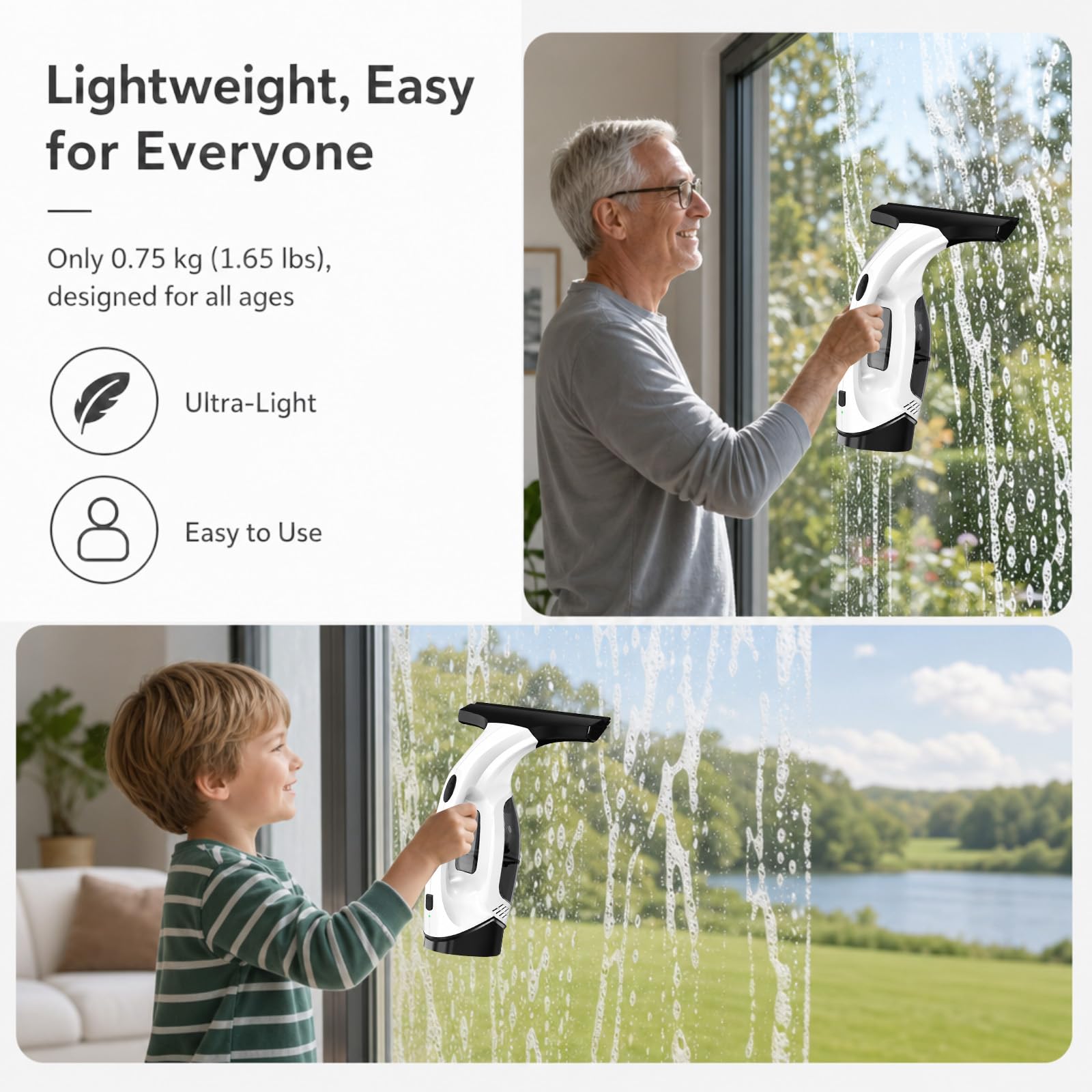 Akku Fenstersauger Set, Kabelloser Fensterreiniger Elektrisch, Fensterputzer Fensterabzieher für Streifenfreie Reinigung, Fensterputz Set Fenster Reinigungsset für Glas & Spiegel, fensterputzroboter