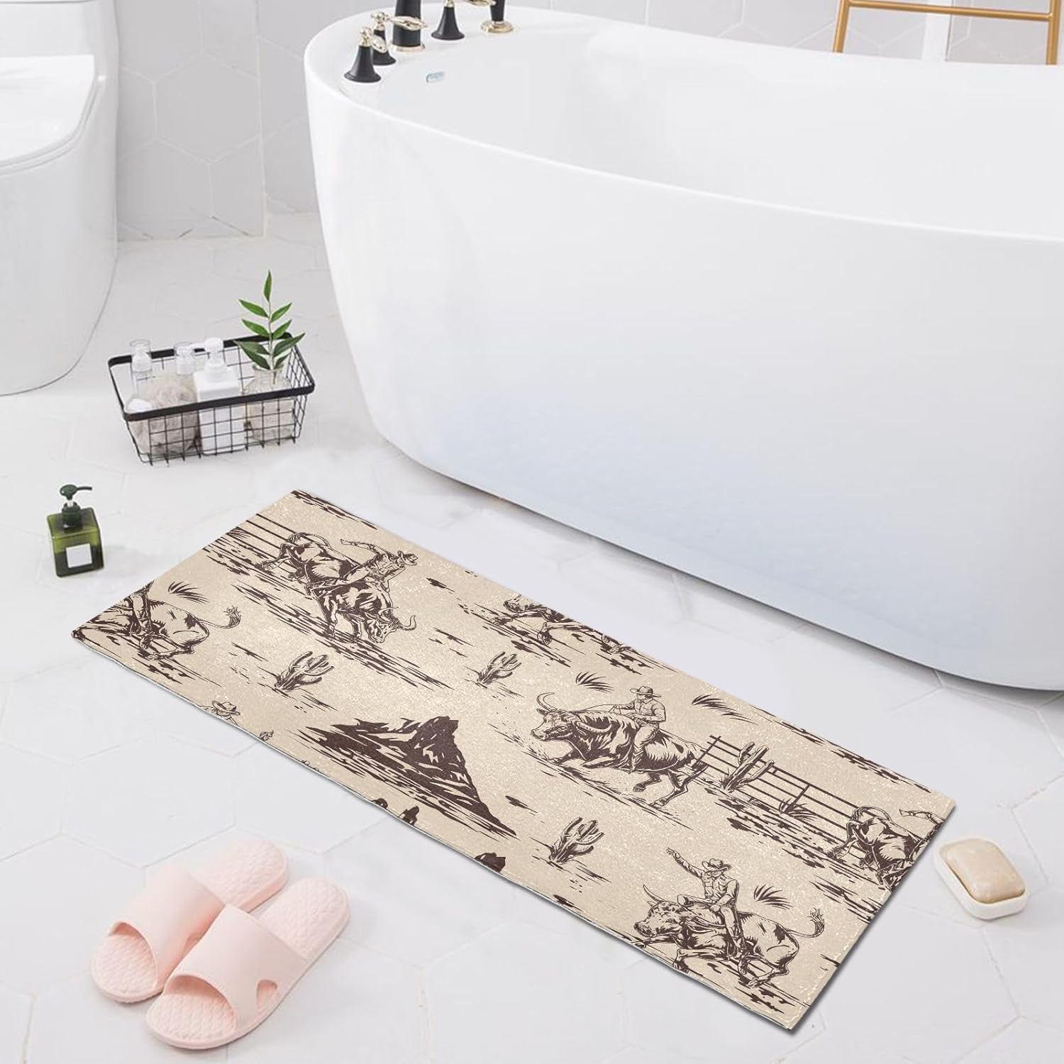 Bathroom Rug West Cactus Cowboy Bath Mat 39x20in Soft Absorbent Plush Shaggy Bath Carpet Non-Slip Washable for Bathroom Floor Tub Shower