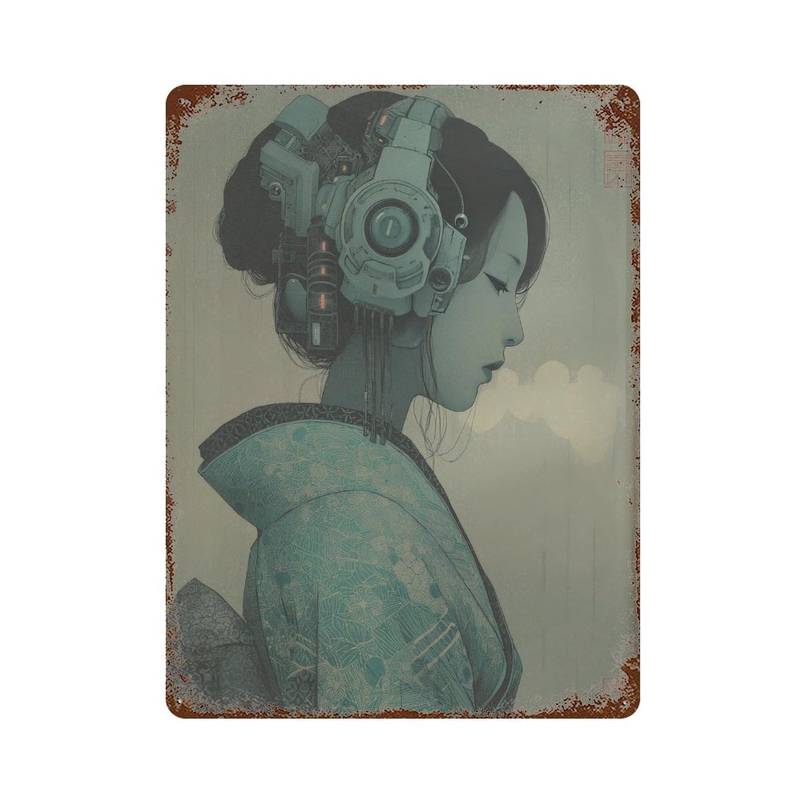 xiaoxiaoshen Japanese Futuristic Woman. Cyberpunk Retrofuturism Wall Decor Art Metal Tin Poster Modern Home Decor Art Home Bar Shop Decorations Vintage Sign 40x30cm