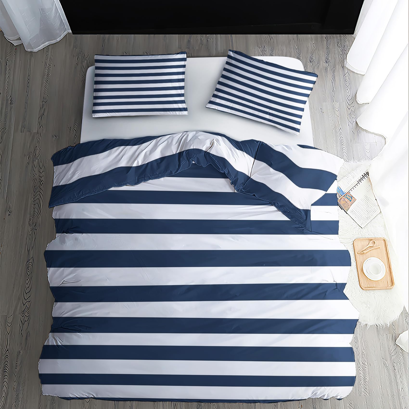 Striped Double Duvet Set - Blue and White Bedding Set - Reversible Quilt Cover & 2 Pillowcases with Zipper and Ties, Ultra Soft and Non Iron Brushed Microfibre Bed Set 200 x 200 H-8&-147